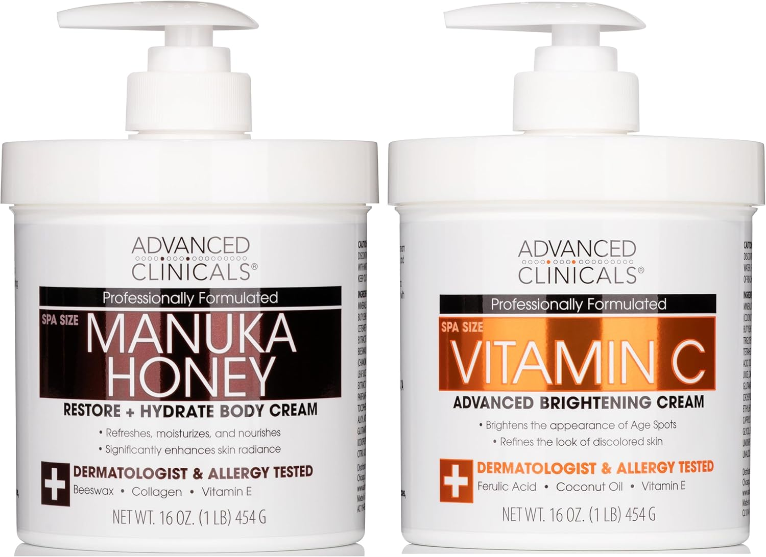 Advanced Clinicals Vitamin C Brightening Cream + Manuka Honey Body Lotion & Face Moisturizer 2Pc Skin Care Bundle | anti Aging Body Butter Lotion for Women, Dry Skin, & Wrinkles, 2Pc image number 5