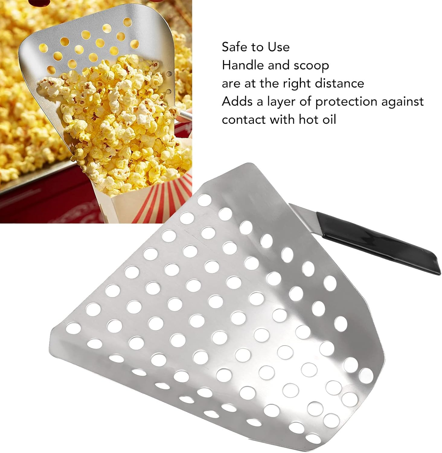Popcorn Scoop, Stainless Steel French Fry Scooper Scoop with Holes, Quick Fill Tool for Bags & Boxes, Commercial Fry Bagger Scooper for French Fries, Snacks, Ice, Right Handle