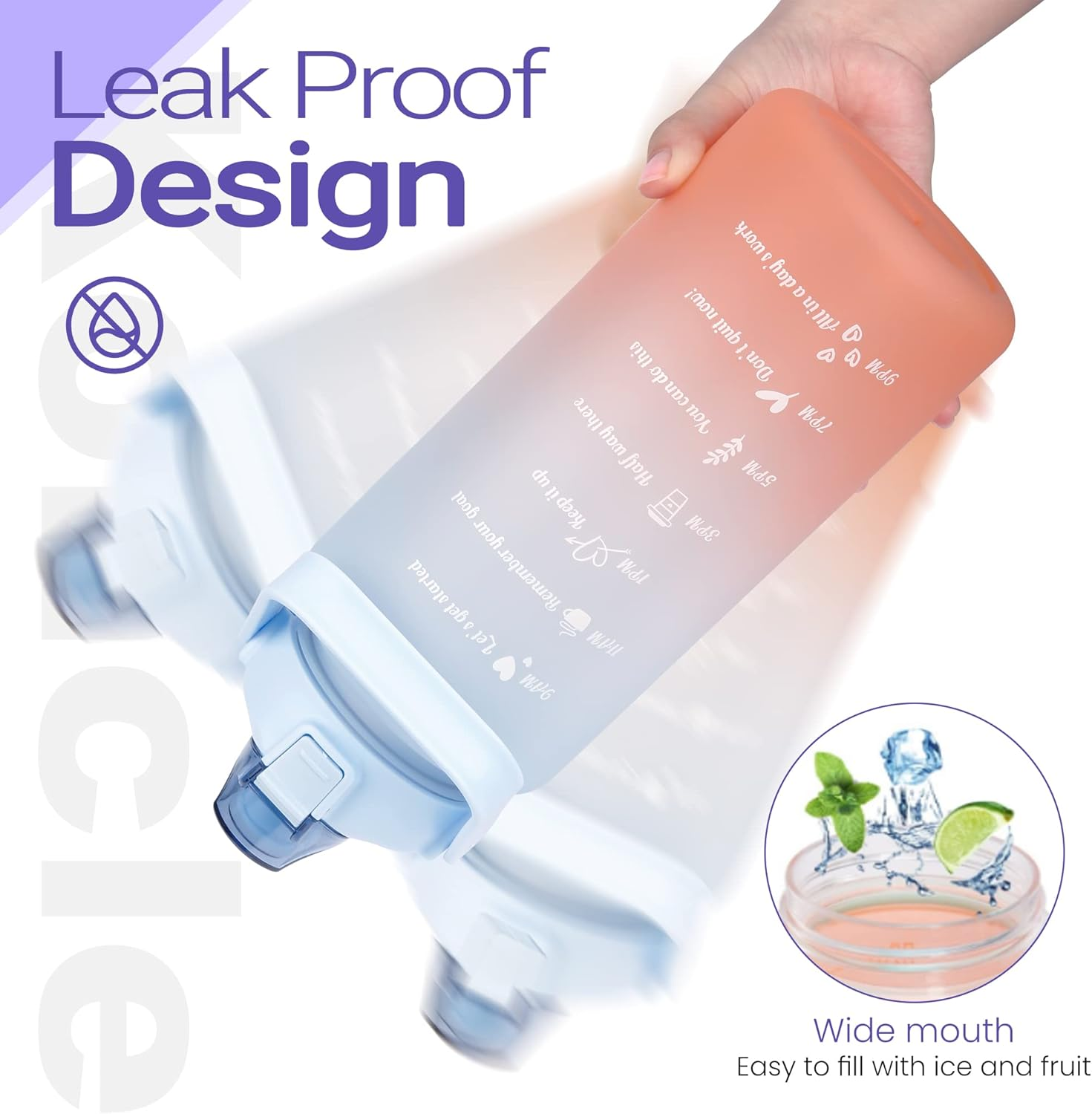 Water Bottle, Koncle Motivational Water Bottle, Large Capacity Drinking Bottle with Time Straw & Marker, Reusable Leakproof Water Jug,2L Blue and Orange image number 5