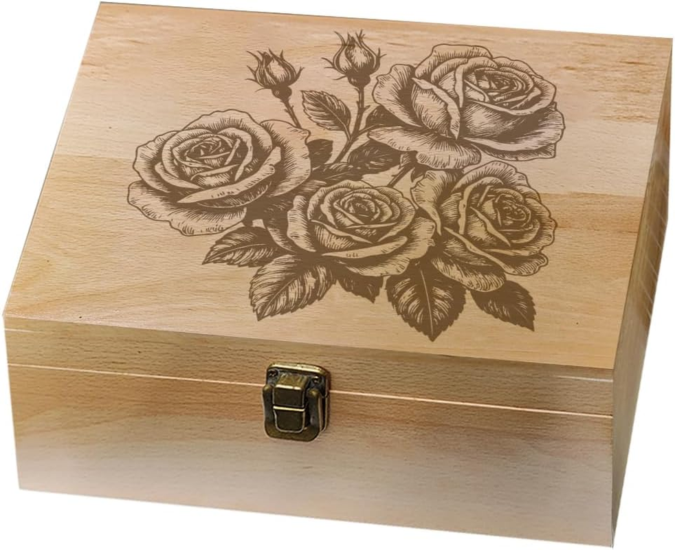 Arricraft 1 Pc Wooden Memory Keepsake Box, Sketch of a Rose Bush Pattern Storage Decorative Memory Wooden Box with Hinge Lids for Photos Dvds Letters Holding 24.5X19.5X10.3Cm image number 6