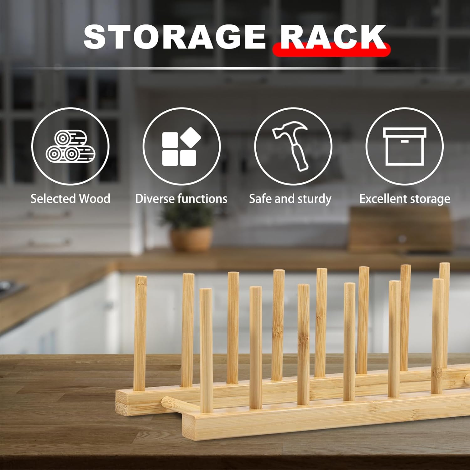 3 Set Natural Bamboo Dish Drying Rack Pot Lid Holder Bamboo Plate Dish Rack Kitchen Cabinet Organizer Multifunctional Rack for Books/Tablet/Cup/Keyboard/Cutting Board image number 3