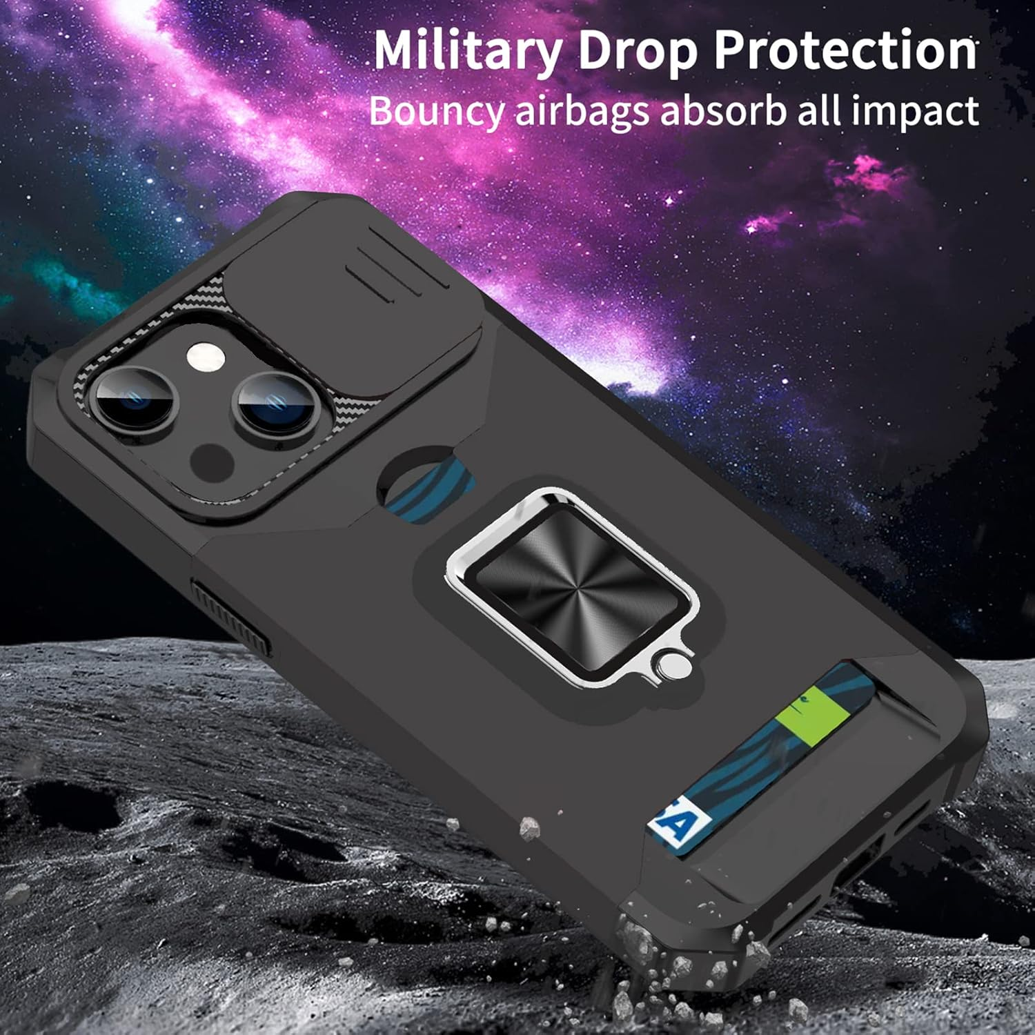 For Iphone 13 Mini Case with [Card Holder] and [Slide Camera Cover][360&deg; Rotate Ring Kickstand] Heavy Duty Protective Phone Cover Case for Iphone 13 Mini-Black