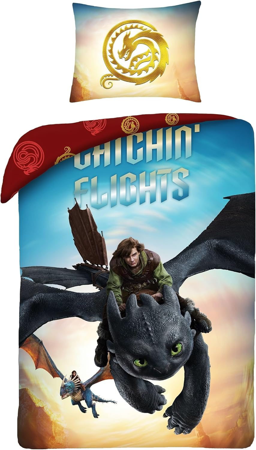 Halantex Dragon Trainer Bedding Set - Hiccup and Toothless Furia Buia Dark Dragons - Duvet Cover 140 X 200 Cm with Pillowcase 70 X 90 Cm - Microfibre - Multicoloured