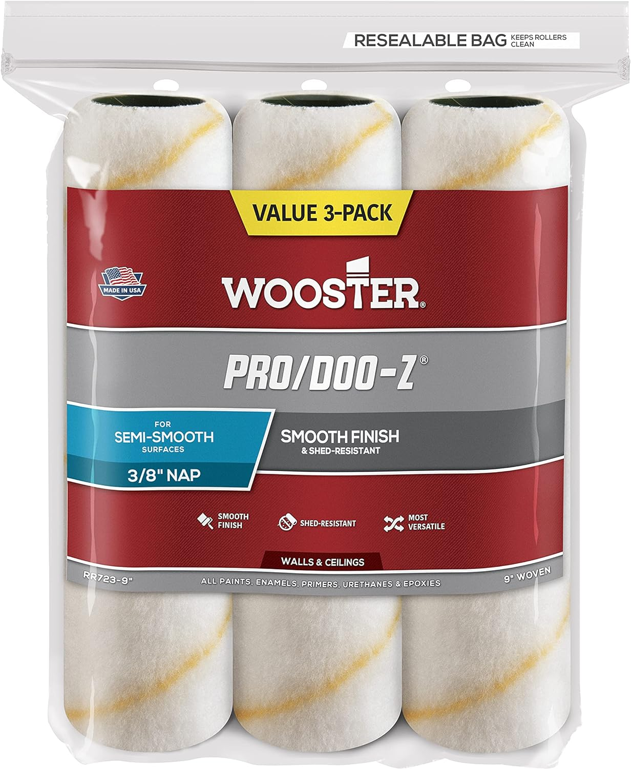Wooster Brush RR723-9 Pro/Doo-Z Roller Cover 3/8-Inch Nap, 9-Inch, 9 Inch image number 1