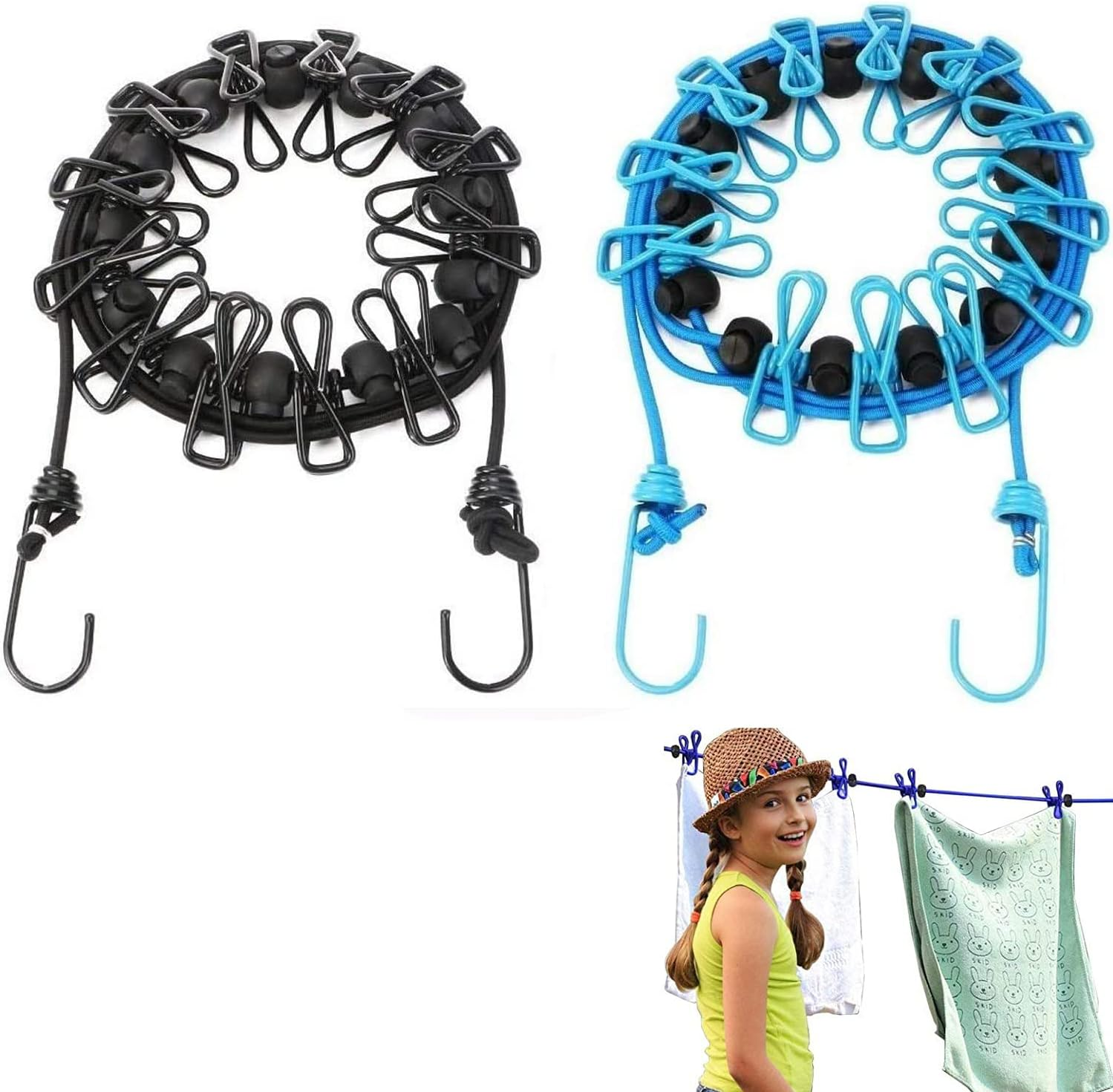 LALOCAPEYO 2Pcs Portable Clothesline with 12 Clothespins for Camping Hotel Indoor & Outdoor Blue 11 Feet Rope Anti-Skid Clips,Wind-Proof Clothes Drying Line,Travel Retractable Clothesline(Blue+Black) image number 4