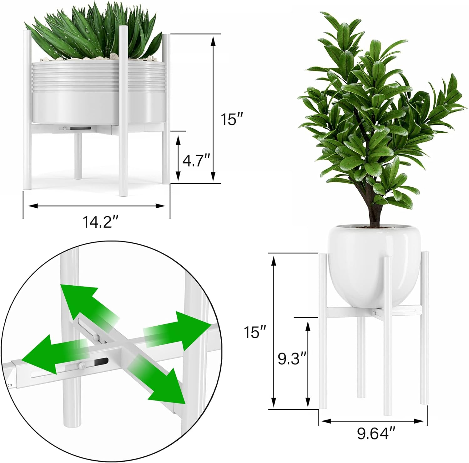 EKNITEY Adjustable Plant Pot Stand: Indoor Outdoor Modern Flower Holder Metal Plant Rack Organizer Planter Stand for Garden Patio Corner Bathroom Living Room Balcony Home Office (White) - Black image number 3