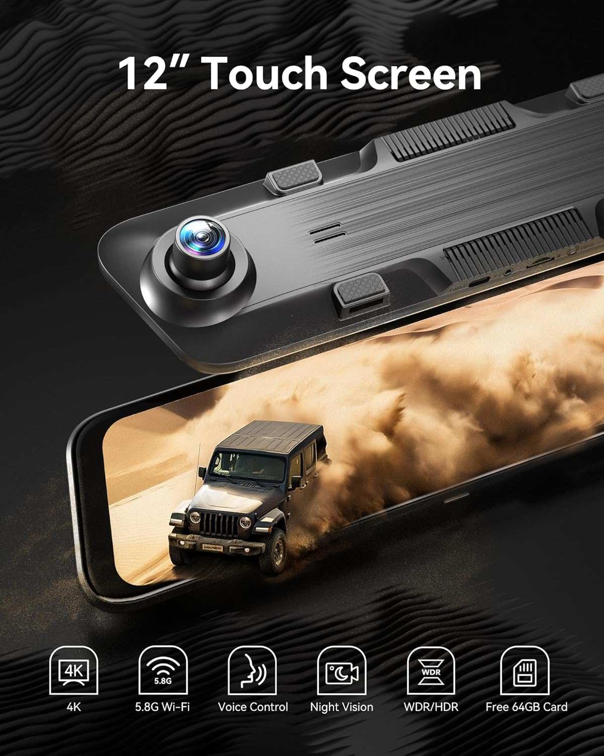 WOLFBOX G850 12" 4K Mirror Dash Cam Front and Rear with 5.8Ghz Wifi and Voice Control, Smart Mirror Dash Camera with 1080P Rear Camera, Dash Cam with WDR, Includes 64GB Card & GPS image number 1