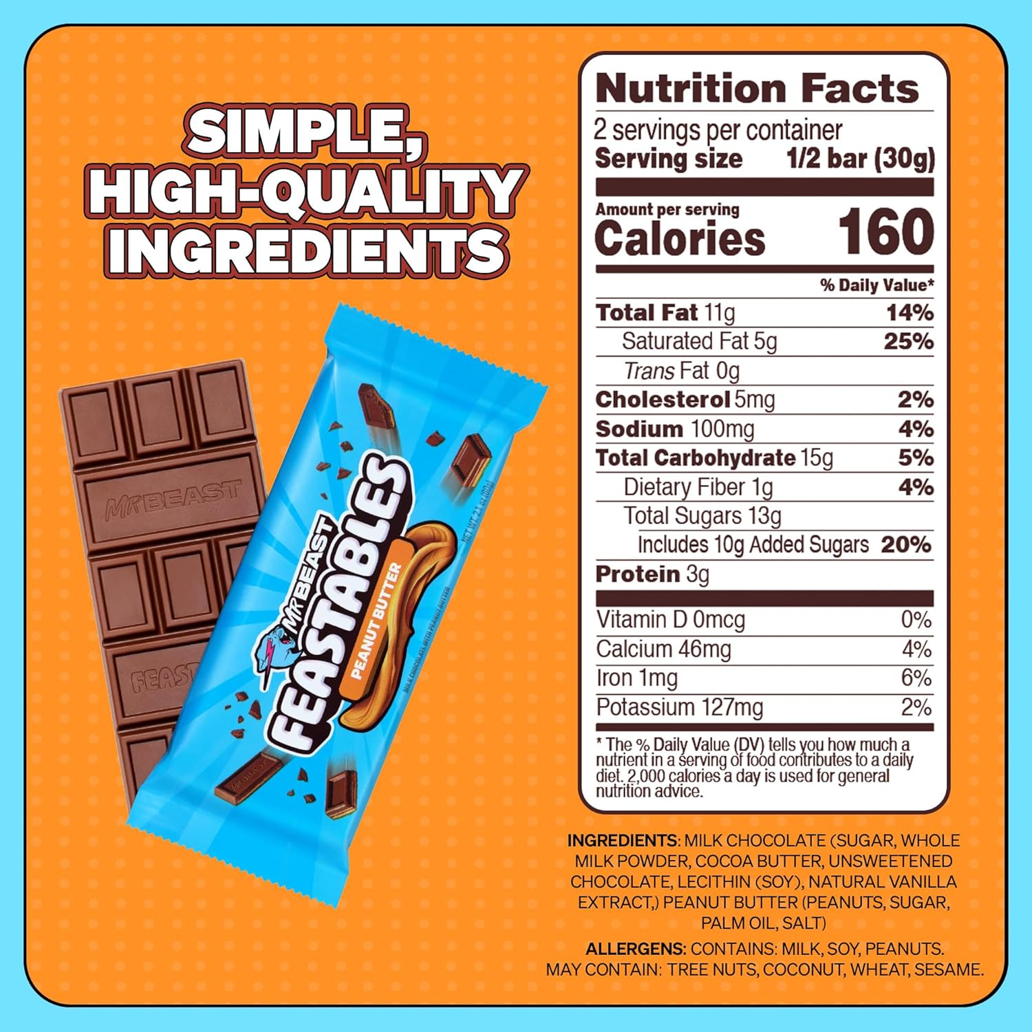 Mr Beast Feastables Chocolate Peanut Butter 60G - Made with Cocoa. Plant Based with Only 5 Ingredients, 10 Count image number 1