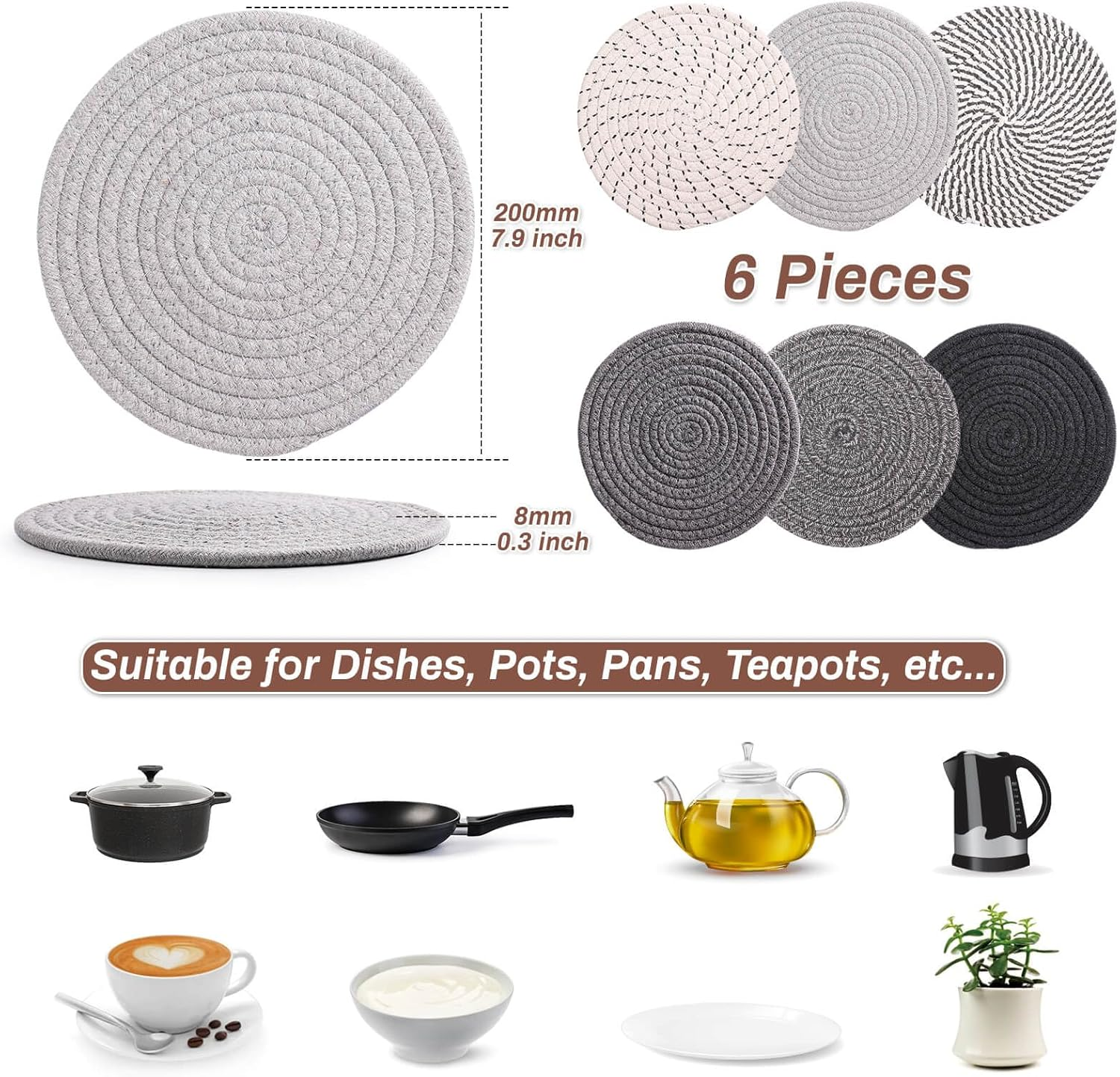 Billbotk 8'' Trivets Hot Dishes, Hot Pots and Pans, 6 Heat Resistant Hot Pads, Pot Holders Kitchen, Hot Plate Mats Kitchen Countertops, Table, Home Essentials New Home and Farmhouse Decor image number 1