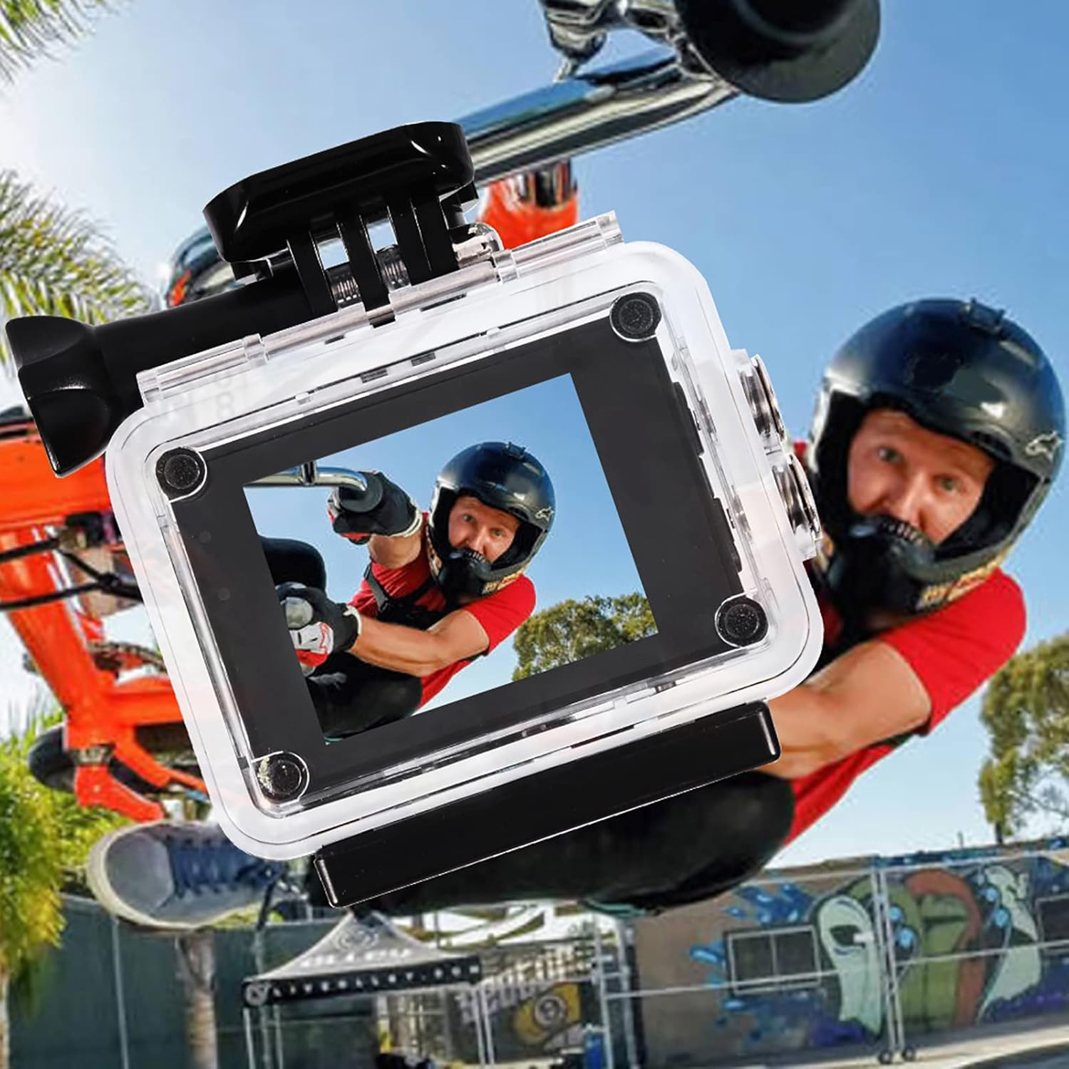 2.0 Inch Action Camera, 140&deg; Wide Angle Helmet Camera with Helmet Holder 30M/98Ft Underwater Waterproof Snorkel Surf Camera Professional Sports Camera for Cycling, Underwater Vlog(White) image number 1