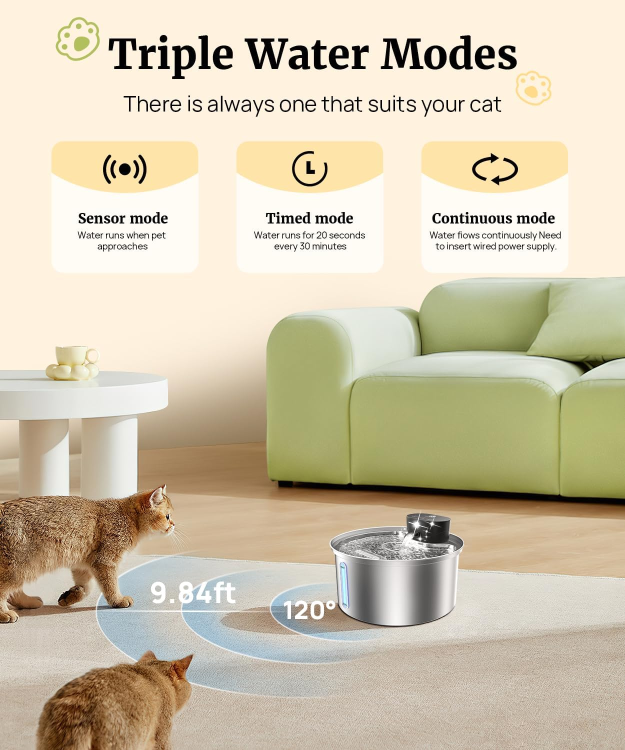 Wireless Cat Water Fountain Stainless Steel, 2024 Upgraded New Sensor - 3 Work Modes,6000Mah Battery Operated Cat Water Fountain Cordless, Pet Water Fountain for Cats Dogs Indoor - 108Oz/3.2L image number 3
