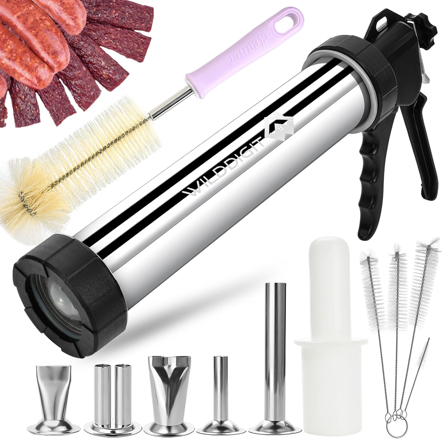 WILDDIGIT 3Rd Gen 2.1 LB Professional Jerky Gun Kits, Sausage Stuffer, Stainless Steel Jerky Maker, Jerky Shooter, Beef Jerky Making Gun with 5 Nozzles, 1 Meat Pusher and 5 Cleaning Brushes image number 3
