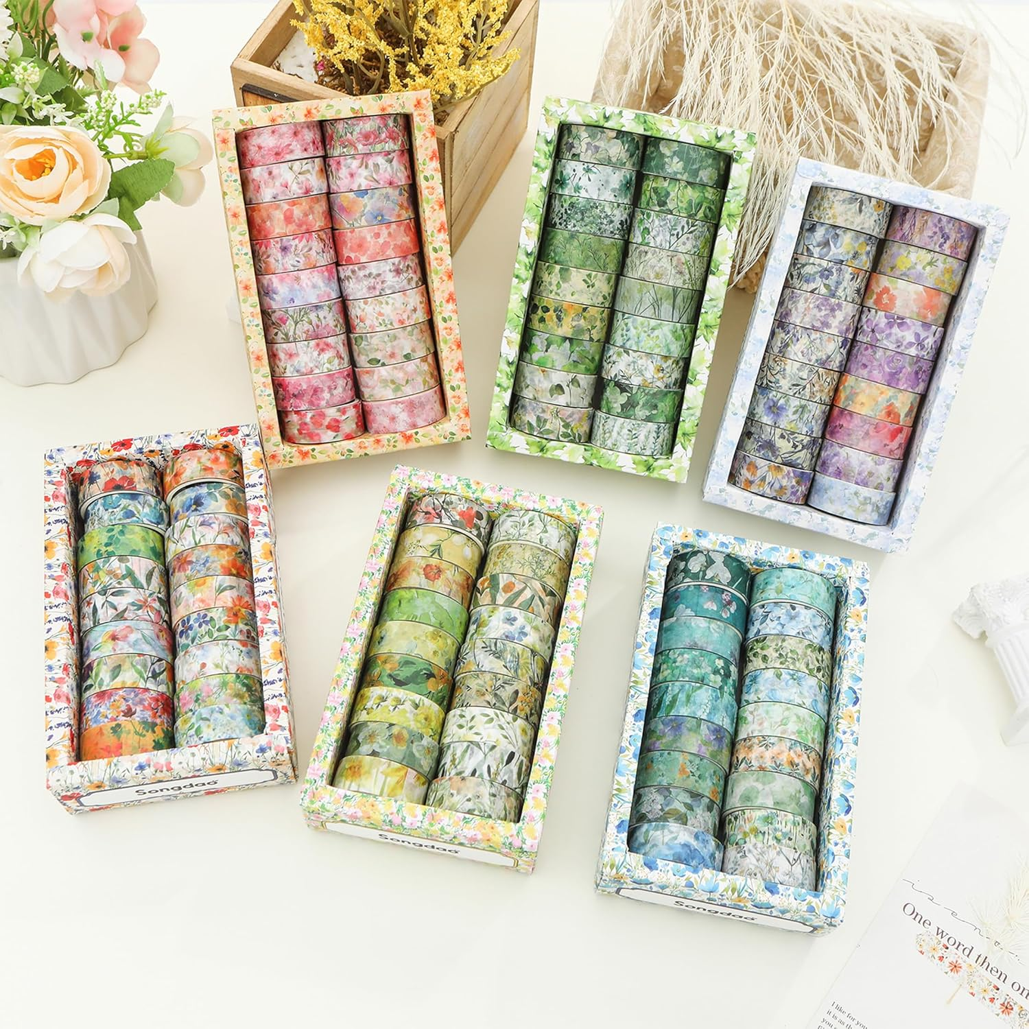 Songdao 18 Rolls Blossom Washi Tape Set Floral Arts Adhesive Tapes Flowers Garden Decorative Masking Tape Sets for Craft, Kids, Scrapbook, DIY, Gift Wrapping (Pastel Charm)