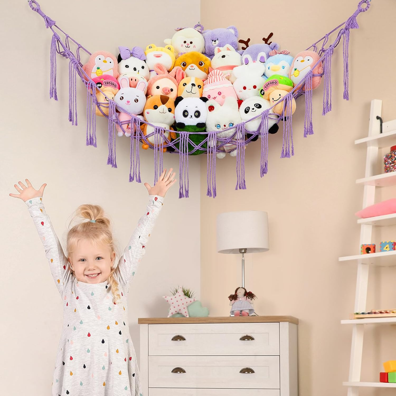 Unicorn Castle Triangular Stuffed Toy Storage Net Hammock Organizer, Purple, Cotton, Triangular, 59 X 39.37 X 59 Inches, 5 Pounds Capacity, Boho Wall Hanging Decor for Nursery, Playroom, Bedroom image number 4