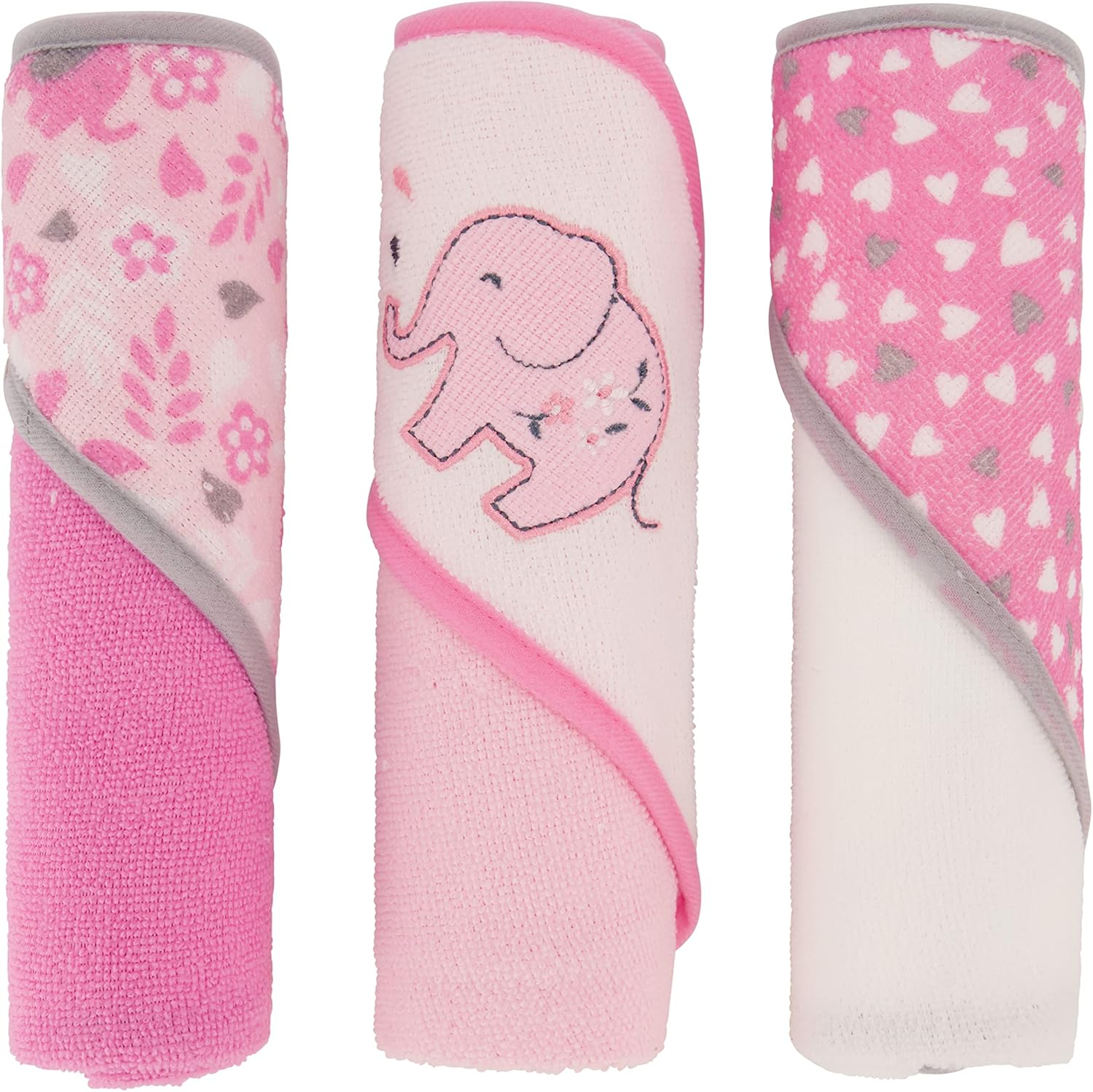 Cudlie Buttons & Stitches Baby Girl 3 Pack Rolled/Carded Hooded Towels in Blooming Elephant Print, GS71729