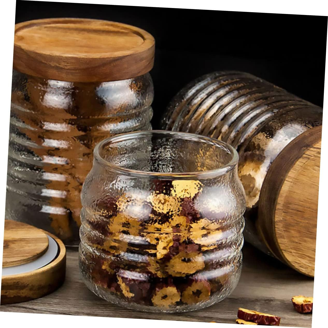 FELTECHELECTR Wooden Lid Glass Storage Jar Sealed Canister for Tea Spices Dry Food High Borosilicate Glass Moisture Home Kitchen Organization image number 6