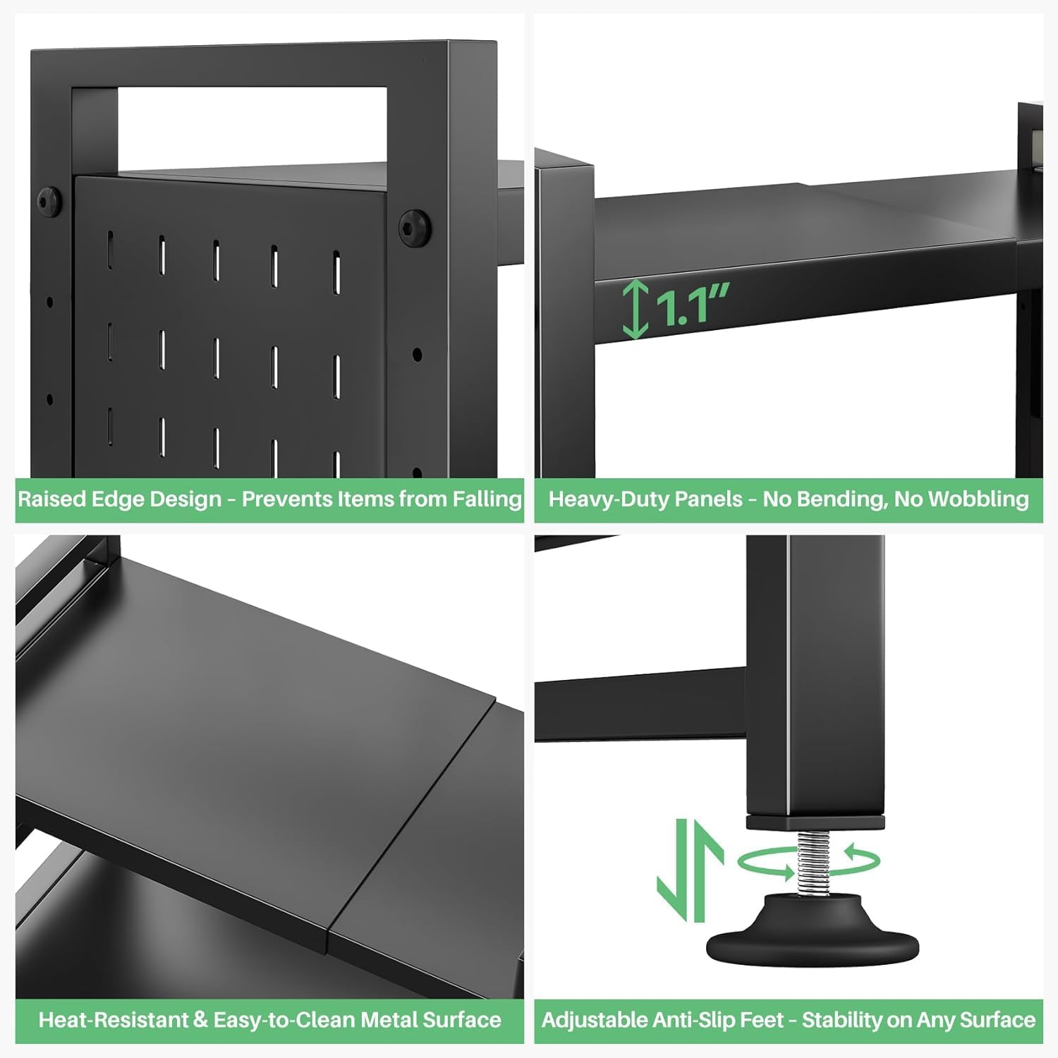 3 Tier Microwave Oven Rack, Adjustable Microwave Shelf Organizer with Hooks, Metal Kitchen Countertop Microwave Storage Expandable Stand, Black image number 3