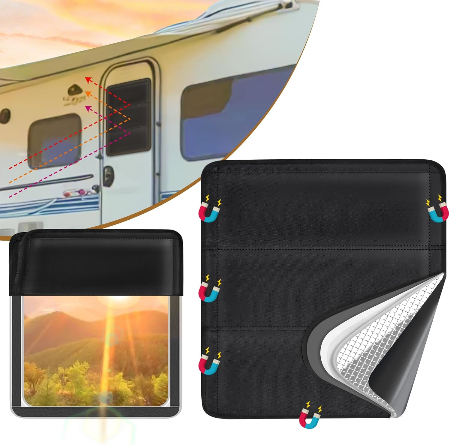 SUNICO 25" X 16" RV Door Window Shade Cover, Magnetic 100% Blackout Foldable RV Window Shades for Campers with Anti-Uv Aluminum Foil Reflective & Cotton Insulation & Thicked Waterproof Fabric