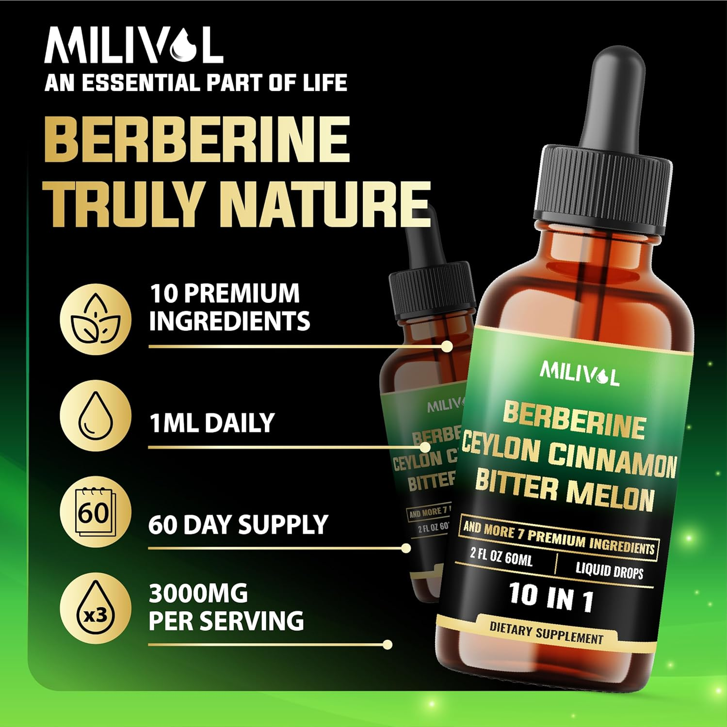 MILIVOL 10In1 Berberine Liquid Drops with Ceylon Cinnamon, Bitter Melon, Turmeric, Ginger, Gymnema, Sylvestre and More - 60 Days Supply - 2FL Oz image number 6