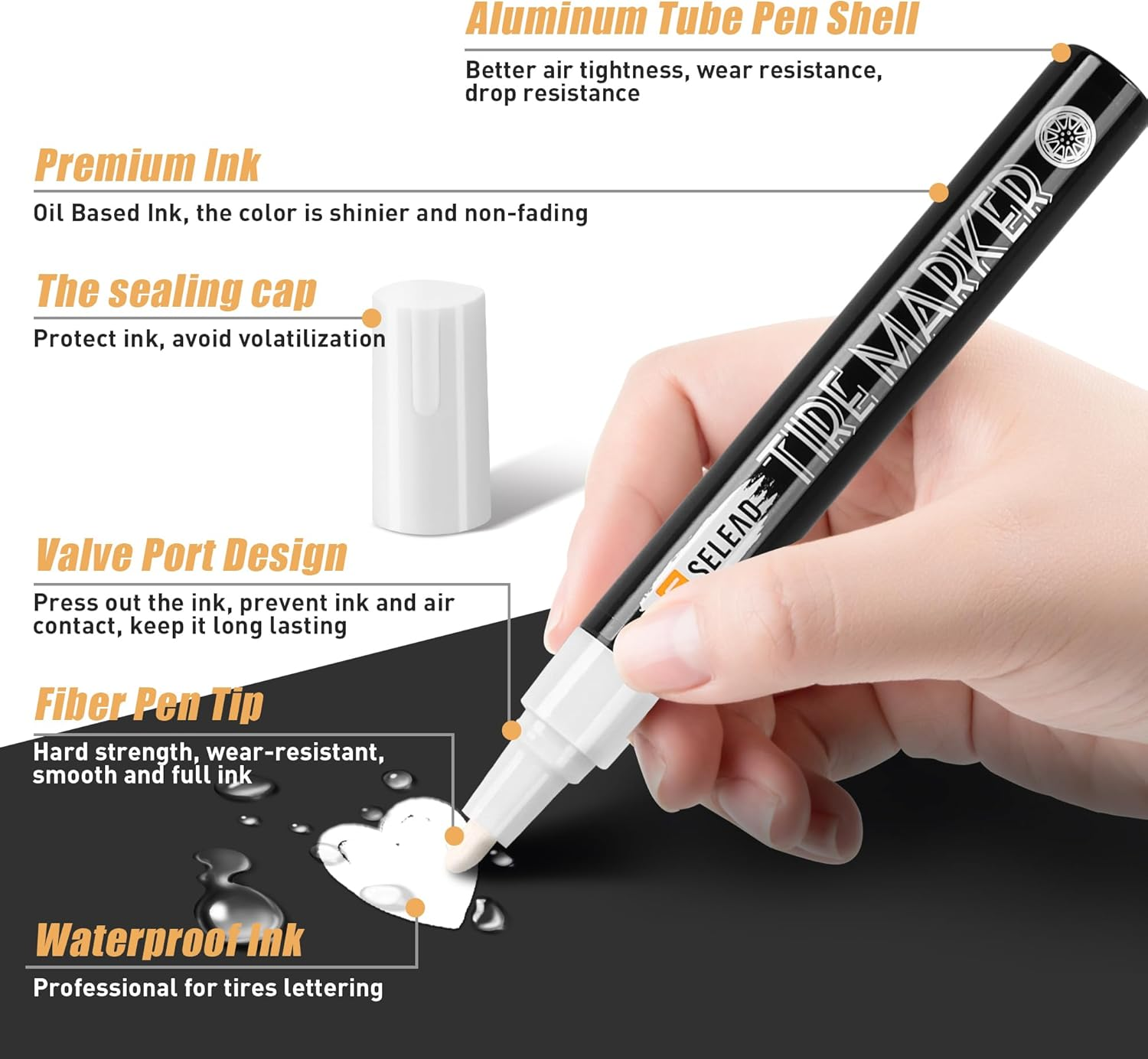 SELEAD Tire Marker White - 8 Pack Paint Pens for Car Tires Lettering, Premium Professional Oil-Based Ink, Waterproof Non-Fading Permanent Markers image number 6