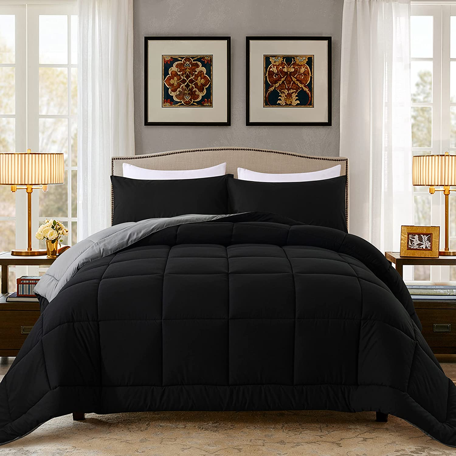 DOWNCOOL Queen Comforter Set -All Seasons Bedding Comforters & Sets with 2 Pillow Cases-3 Pieces Bed Set Queen down Alternative Comforter Set -Black Bedding Comforter Sets Queen (88X90 Inches)