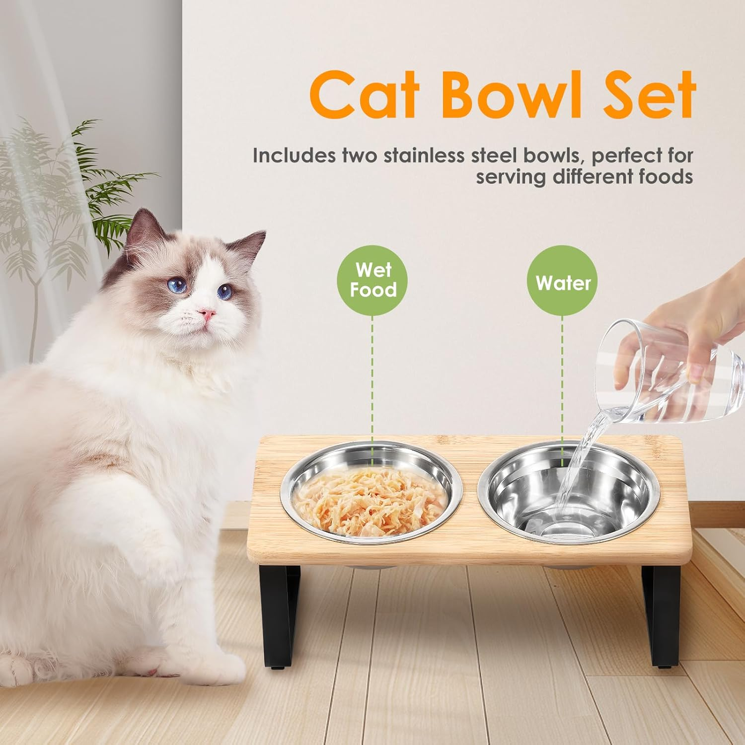 Elevated Cat Bowls Raised Cat Food Bowls 15 &deg;Tilted Pet Bowl Feeder Adjustable Dog Cat Water Bowls with 2 Stainless Steel Bowls for Dry Wet Protect Pet'S Spine, Whisker Stress Free anti Vomiting image number 5