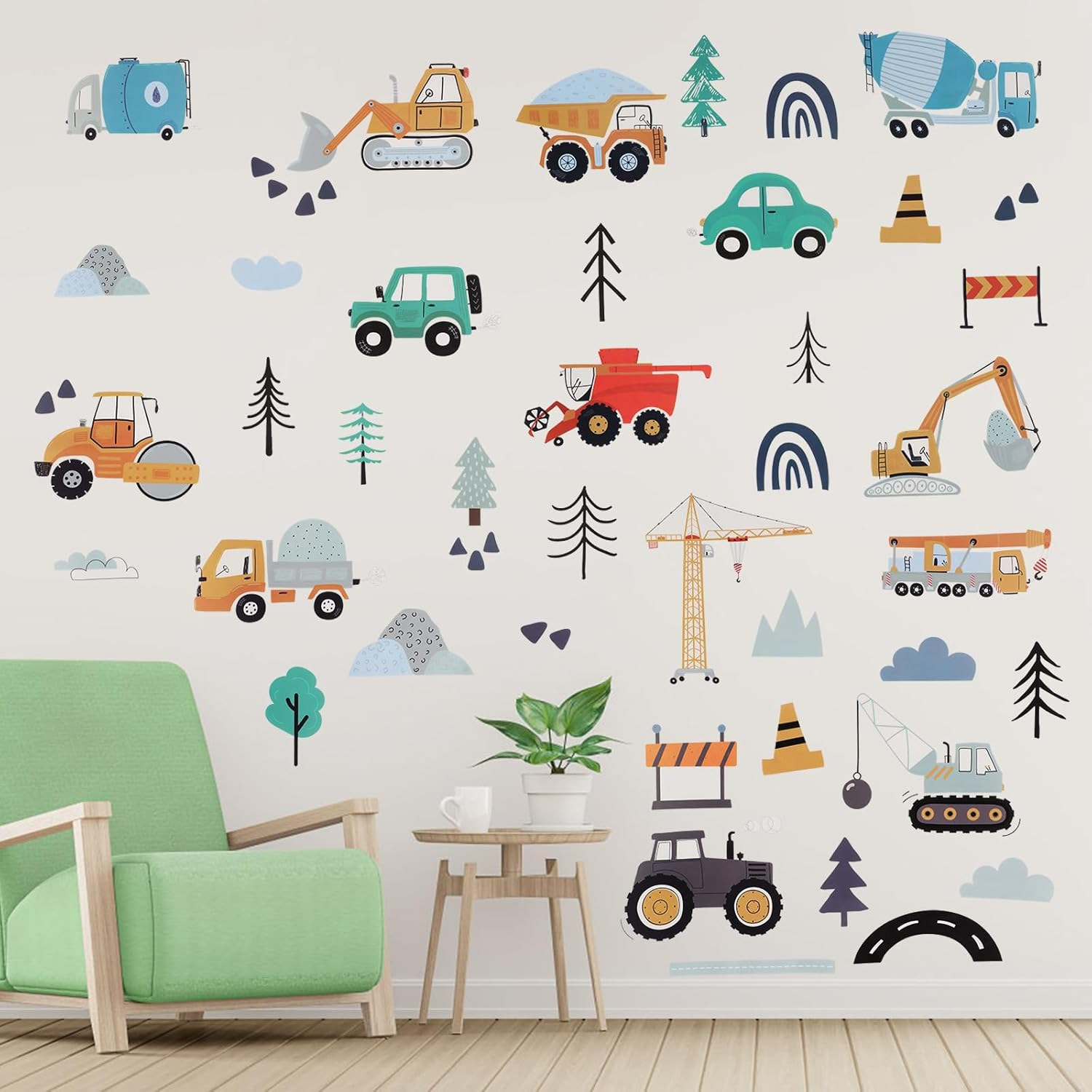 6 Pcs Construction Vehicles Wall Stickers, Transportation Wall Stickers Bohemian Wall Decorations Peel and Stick Wall Decoration for Boys Bedroom Kids Room Playroom Decoration image number 2