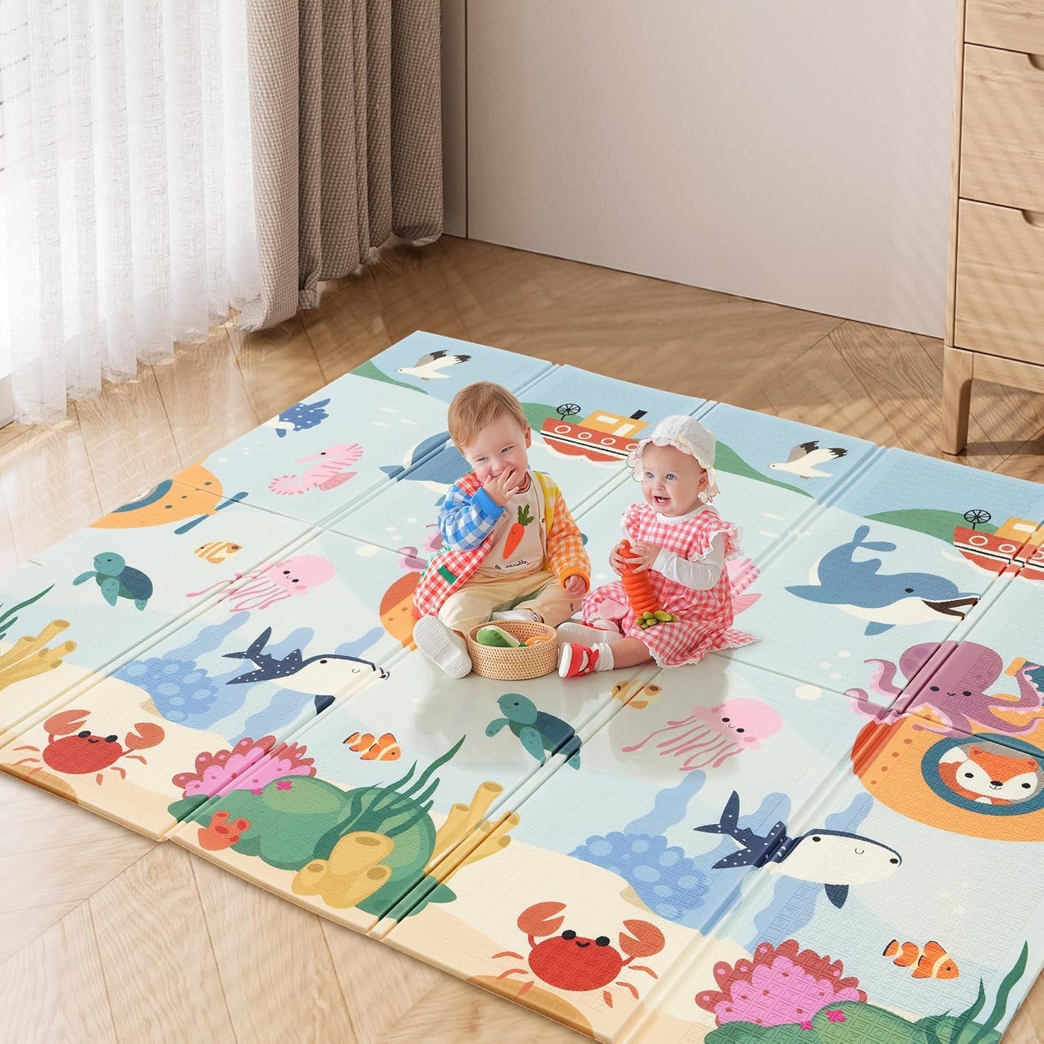 Playpals 200&times;180CM Foldable Baby Play Mat, Double-Sided Waterproof Playmat for Babies, Toddlers & Infants, Reversible Baby Mat with Travel Bag, Indoor and Outdoor Use, Rainbow+Tall Buildings - Submarine