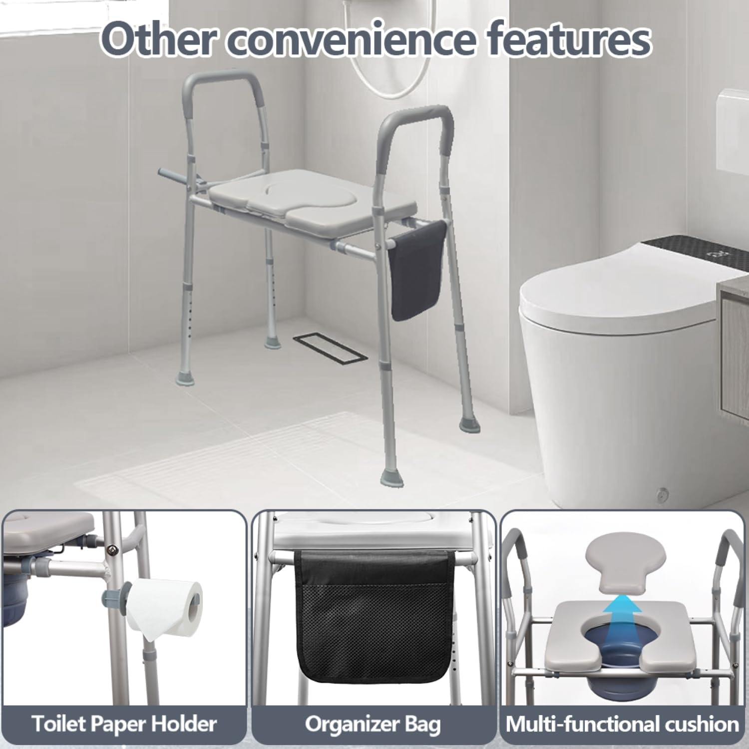 Toilet Seat Riser for Seniors with Adjustable,With Toilet Seat Handles and Storage Pouch Bedpan,Handicap Elevated Toilet Seat for Elderly and Most Toilet ﻿ image number 2