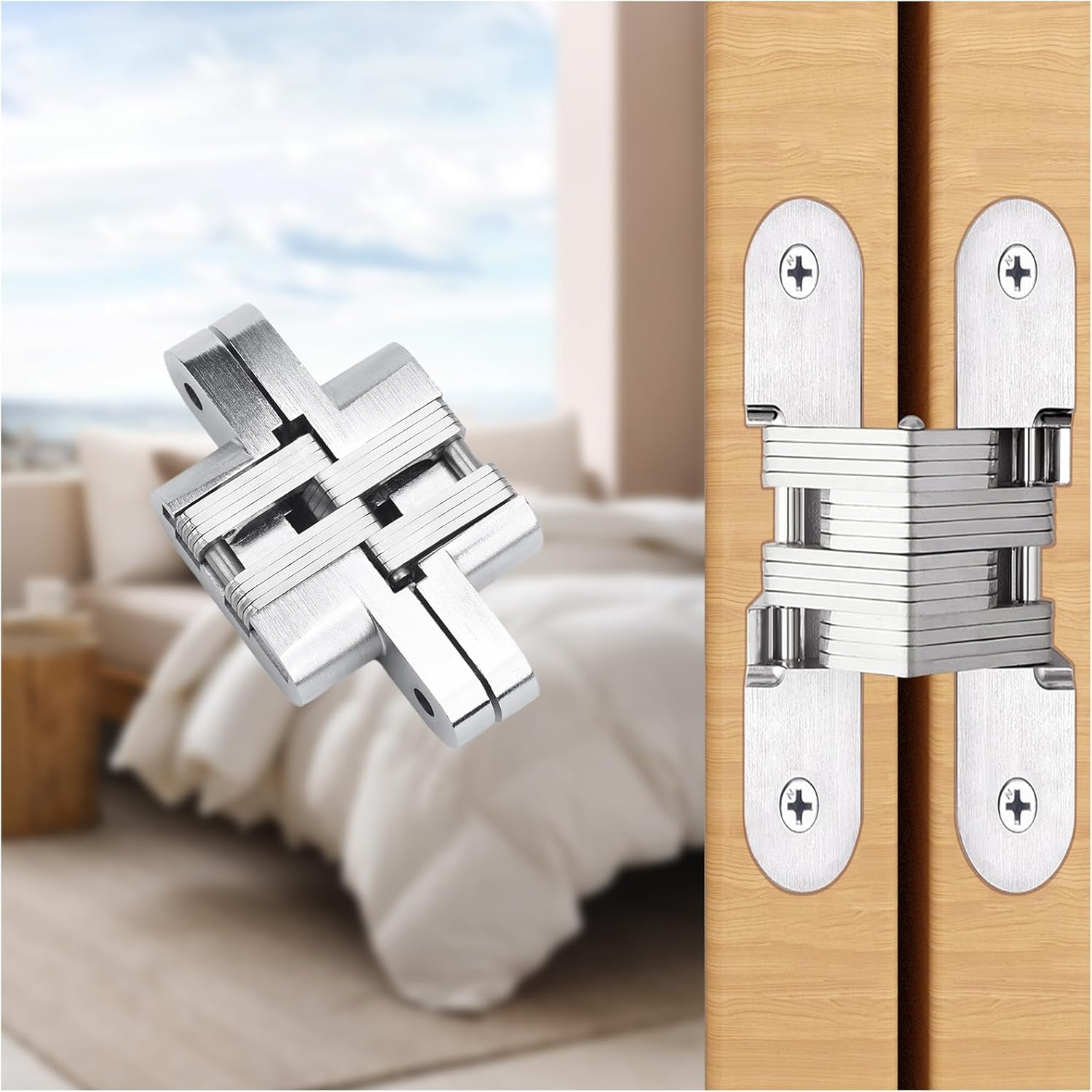 Hidden Hinges (1 Pair) Zinc Alloy Invisible Door Hinges 94MM*18MM (Silver)