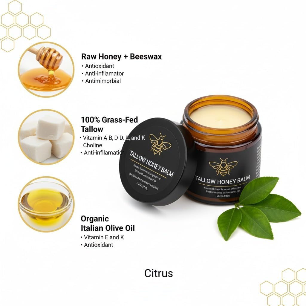 Organic Grass-Fed Beef Tallow Balm with Raw Honey - Moisturizing Cream for Soft, Smooth Skin - Handmade All-Natural Moisturizer (3.5 Oz/100 G, Unscented) image number 5