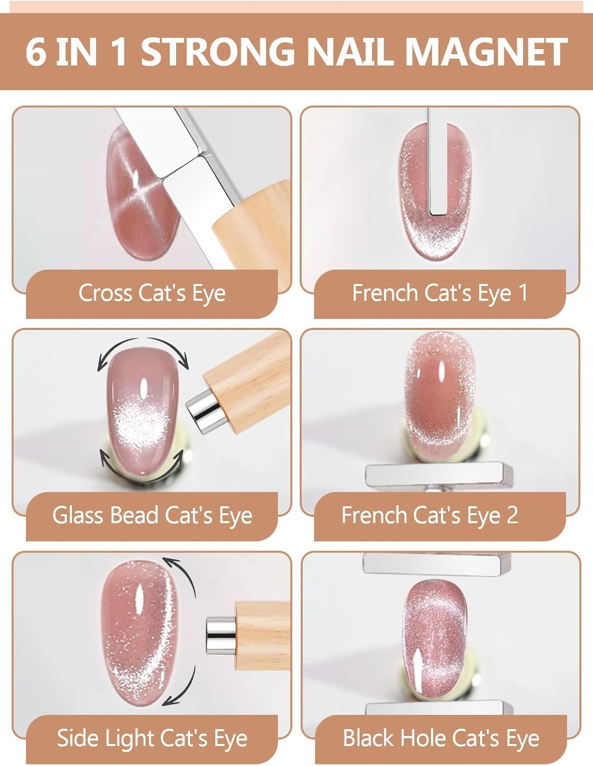 EBANKU 6 in 1 Cat Eye Nail Magnet Tool Set, Multifunctional Wooden Handle Nail Magnet, Heart Rabbit Shape Cat Eye Magnet for Nails, Long Strip Magnets Tool for Nail Art DIY at Home