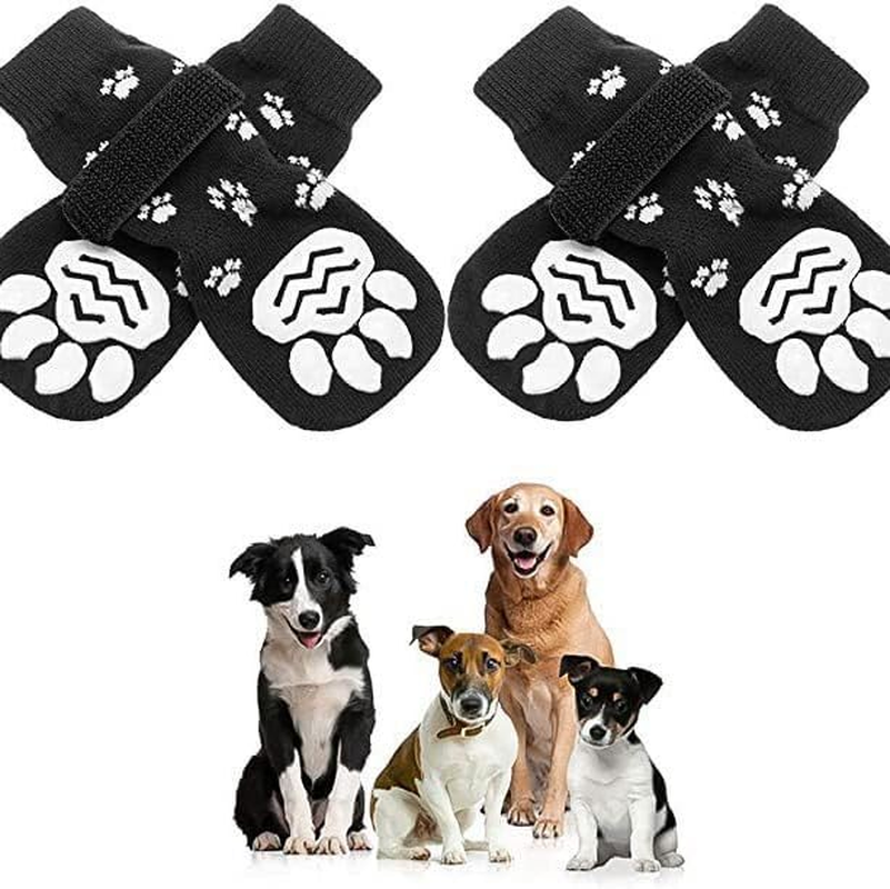 4Pcs Anti-Slip Dog Socks - Double Side Non-Slip Paw Protector for Hardwood Floors,Prevent Licking,Dog Booties,Dog Shoes for Hot/Cold Pavement (Black, Medium)