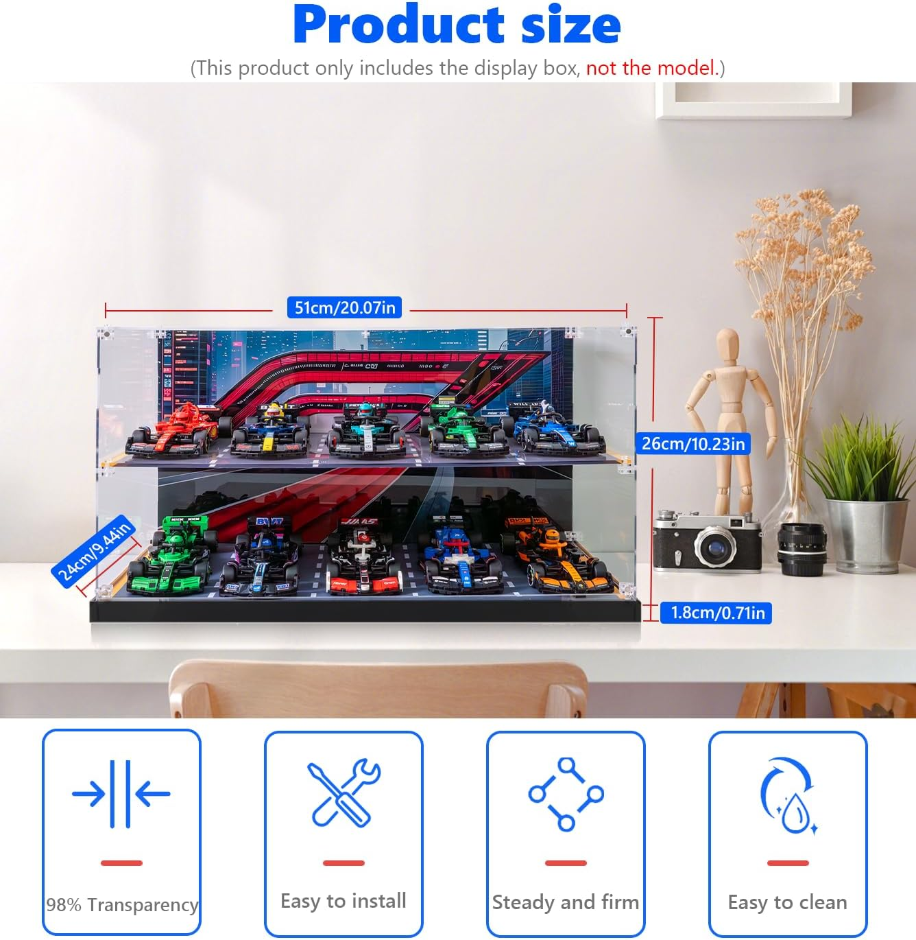 Acrylic Display Case for  Speed Champions F1 Car 10-In-1 Building Set,Dust-Proof Display Box for  77242,77251,77243,77244,77246 77245 77249 Etc, Size: 51X24X26Cm(Not Included the Model) image number 4