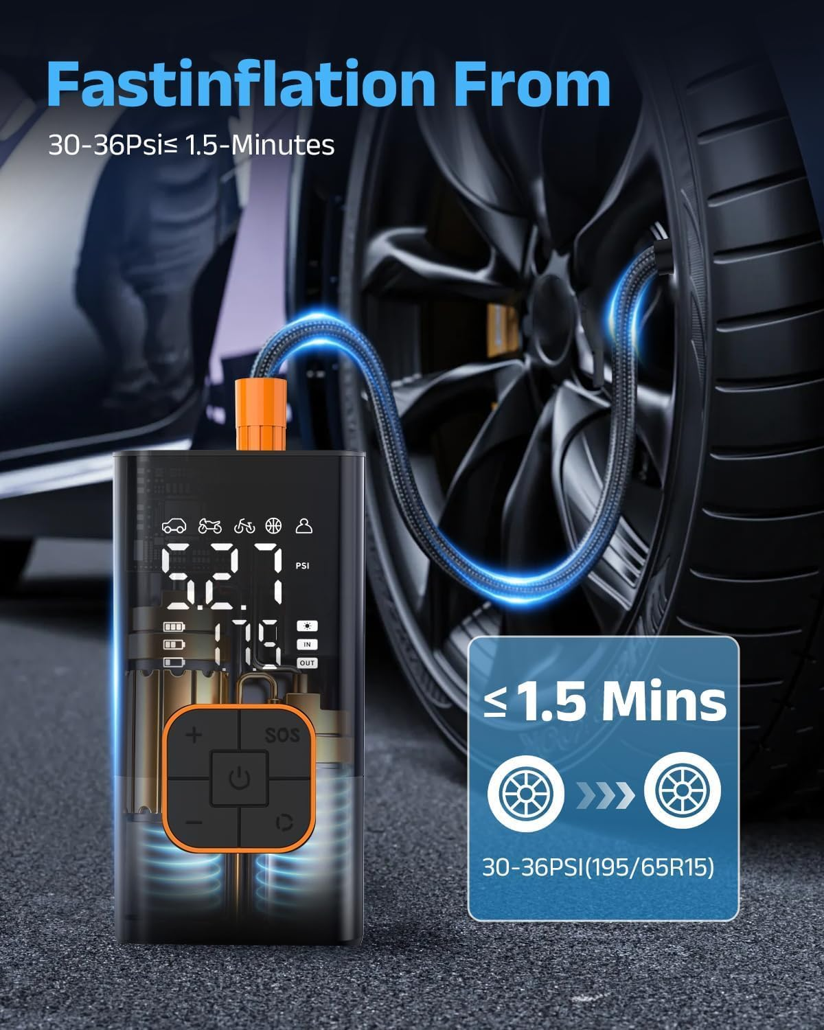 Cordless Tyre Inflator Air Compressor, Electric Bike Pump & Car Tyre Pump with Digital Pressure Gauge 150 PSI, Dual Values Display, LED Light, Portable Tyre Inflator for Car/Bicycle/Motocycle/Ball image number 1