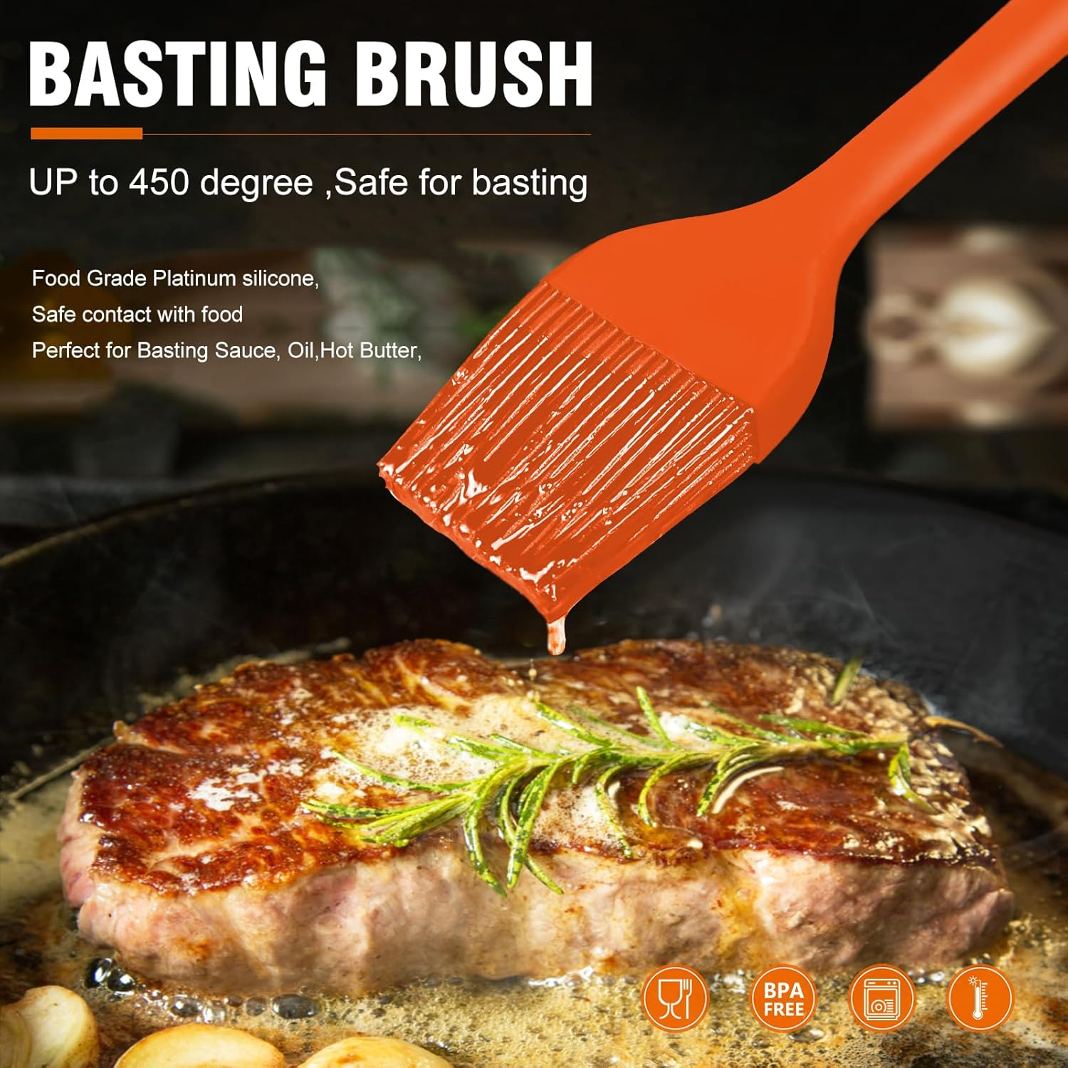 Walfos Silicone Basting Pastry Brush, Heat Resistant Pastry Brush Set, Strong Steel Core and One-Pieces Design, Perfect for BBQ Grill Kitchen Cooking, BPA Free and Dishwasher Safe, 2 Pcs (Orange) image number 6