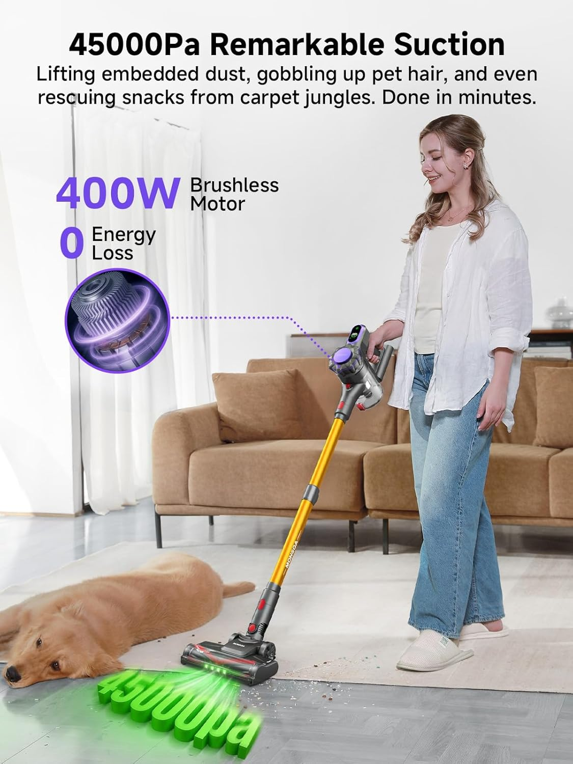 MONSGA Cordless Vacuum Cleaner, 45Kpa Stick Vacuum for Home, 50Mins Anti-Tangled Vacuum Cleaner with Charging Dock, Light-Weighted Handheld Vacuum for Pet Hair/Carpet/Floor, MV3 (Gold) image number 2