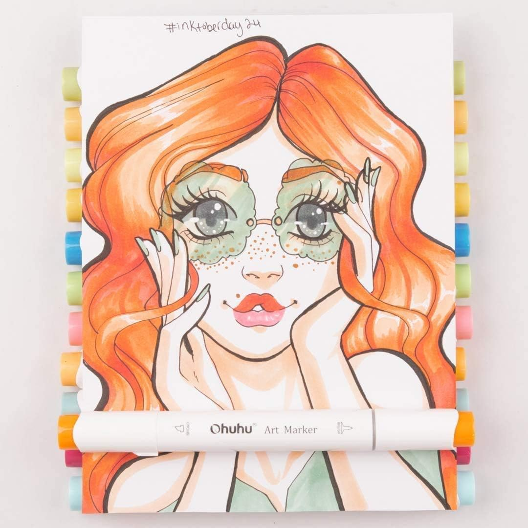 24-Basic-Color Alcohol Art Markers Set, Ohuhu Dual Tip, Brush & Chisel, Sketch Marker, Alcohol-Based Brush Markers, Comes W/ 1 Blender for Sketching, Adult Coloring, and Illustration image number 2