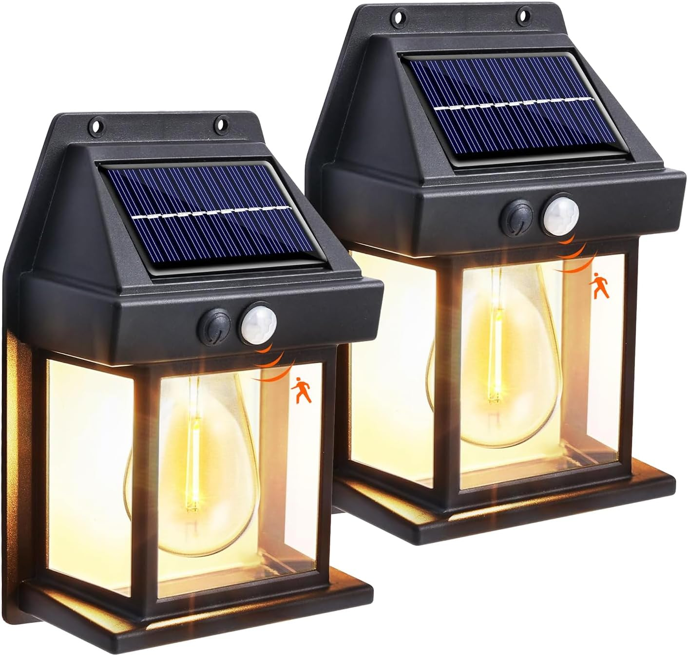2 Pack Solar Wall Lights Outdoor, Wireless Motion Sensor with 3 Lighting Modes, Dusk to Dawn Solar Porch Tungsten Lights for Patio, Garage, Shed, Door, Yard, outside Decorative