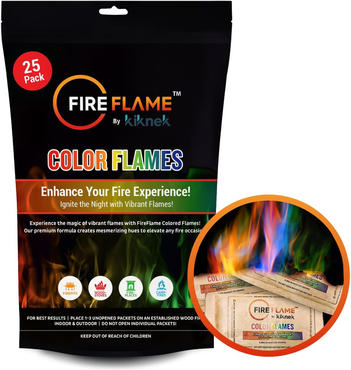 Fireflame Fire Color Changing Packets - Magic Color Fire Flames - 25 Pack of Fire Color Packets - for Outdoor Fire Pit, Fireplace, Bonfire, Campfire, Camping Accessories Colored Fire for Kids & Adults image number 4