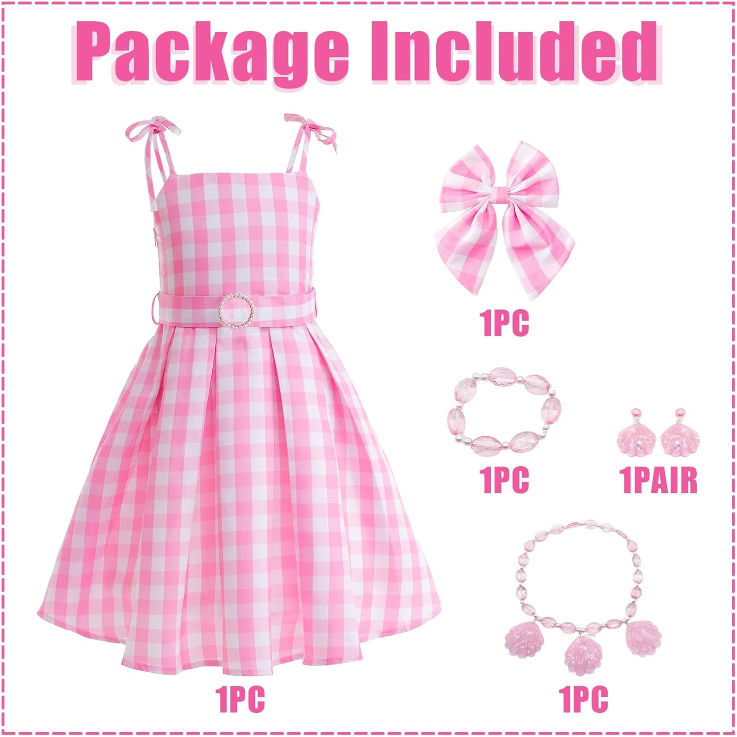 Girls Princess Dress Up,Pink Plaid Dress Pink Costume,Fancy Dress Pink Outfit for Book Week Day Halloween Birthday Party Dress up Ball Gown Halloween Costumes for Kids image number 4