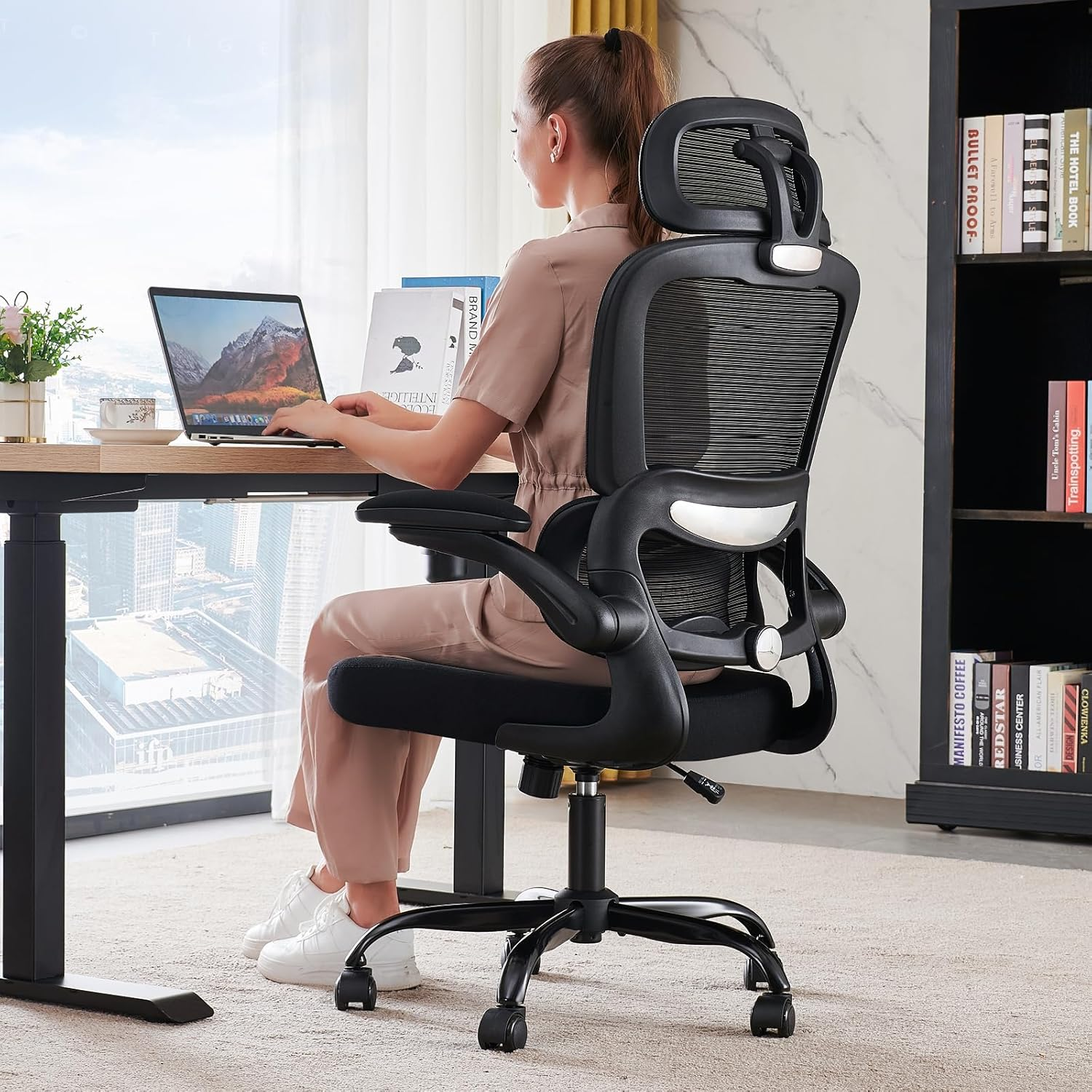 TRALT Ergonomic Office Chair - Office Chair with Adjustable Lumbar Support & 2D Flip-Up Arms Comfortable 330 LBS Gaming Chair - Home Mesh Desk Chairs Swivel Task Chair High Back for Long Hours (Black)