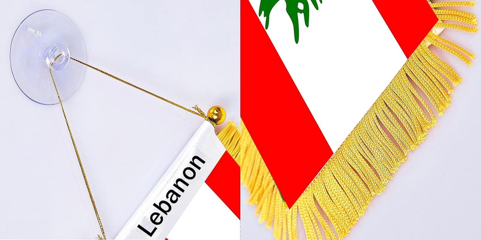 WXTWK 3 X 5 Inch Lebanon Flag Lebanese Window Hanging Flag Small Mini Car Flags Banners Rearview Mirror Decoration with Suction Cup Golden Fringy Banner image number 1