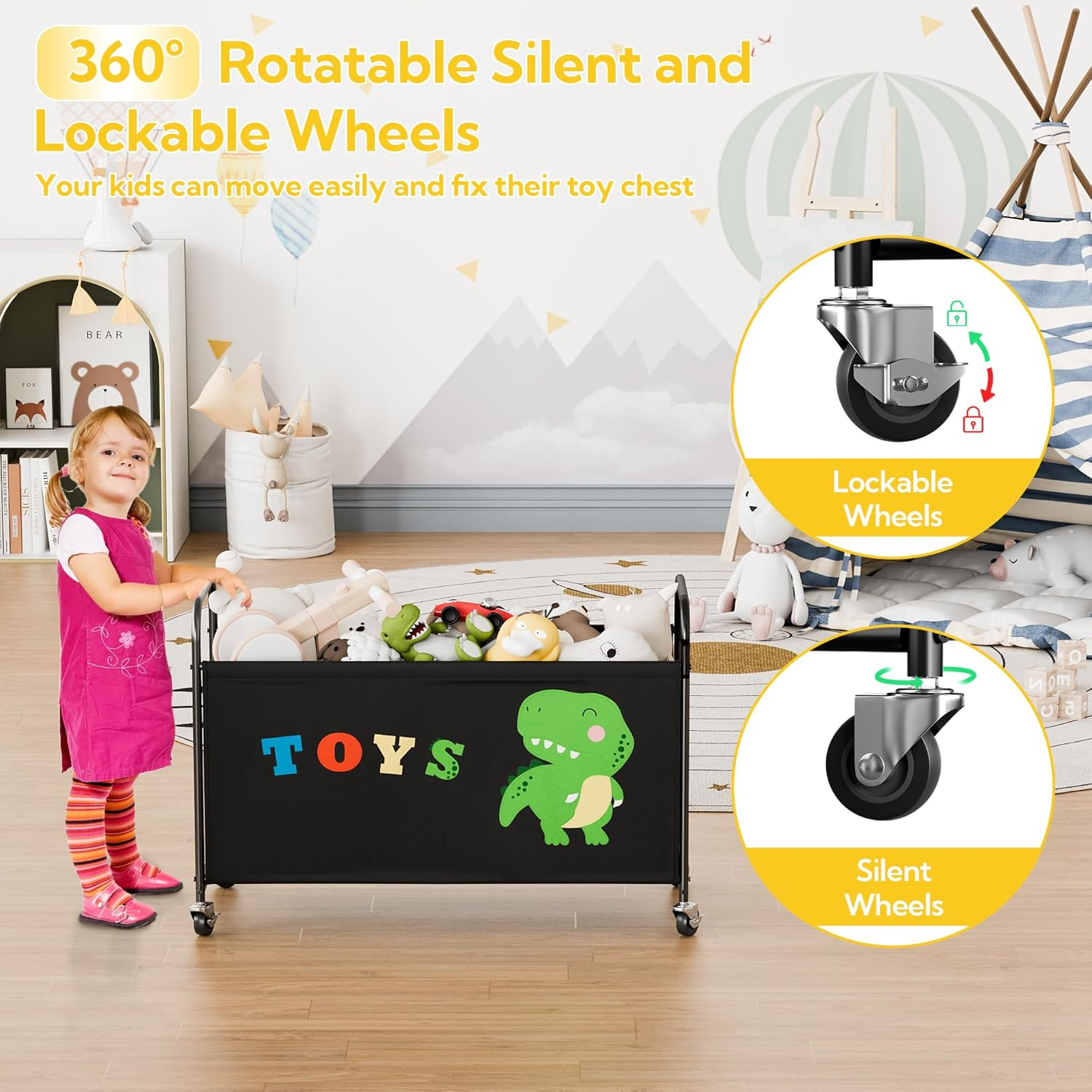 GRANNY SAYS Toy Chest with Wheels, 135L Extra Large Toy Storage Organiser, Metal Toybox Dinosaur, Toys Storage Box for Kids, Baby Toy Bin for Children Nursery Play Room Organizing Plush Toys, Black