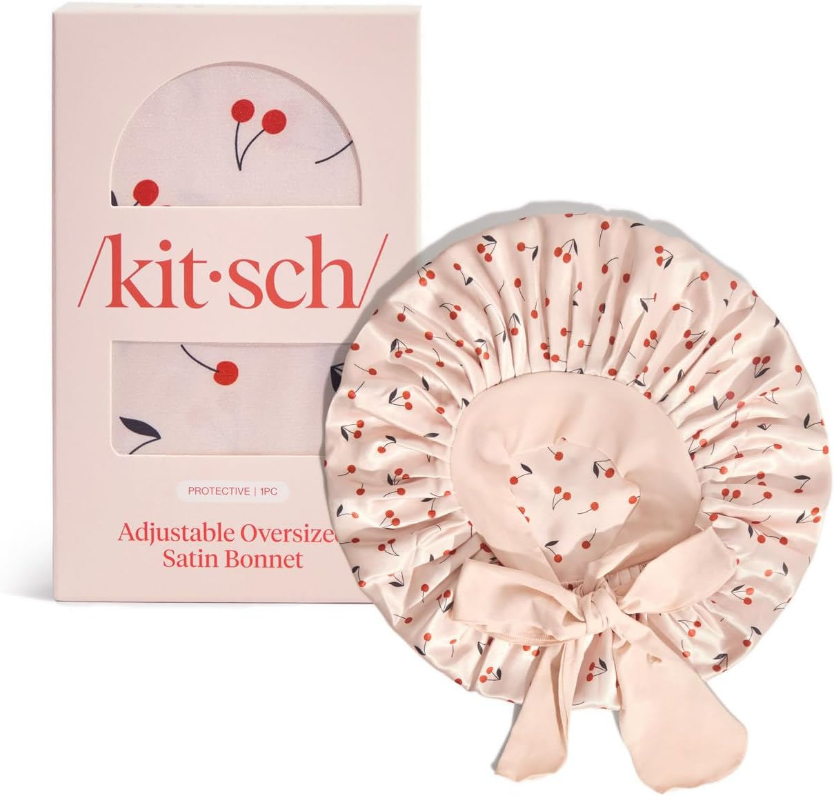 Kitsch XL Satin Bonnet for Sleeping - Softer than Silk Bonnet for Sleeping Women - Secure Fit, Adjustable, Night Cap for Curly & Textured Hair - Prevents Breakage, Tangles & Thinning - Cherry Print image number 1