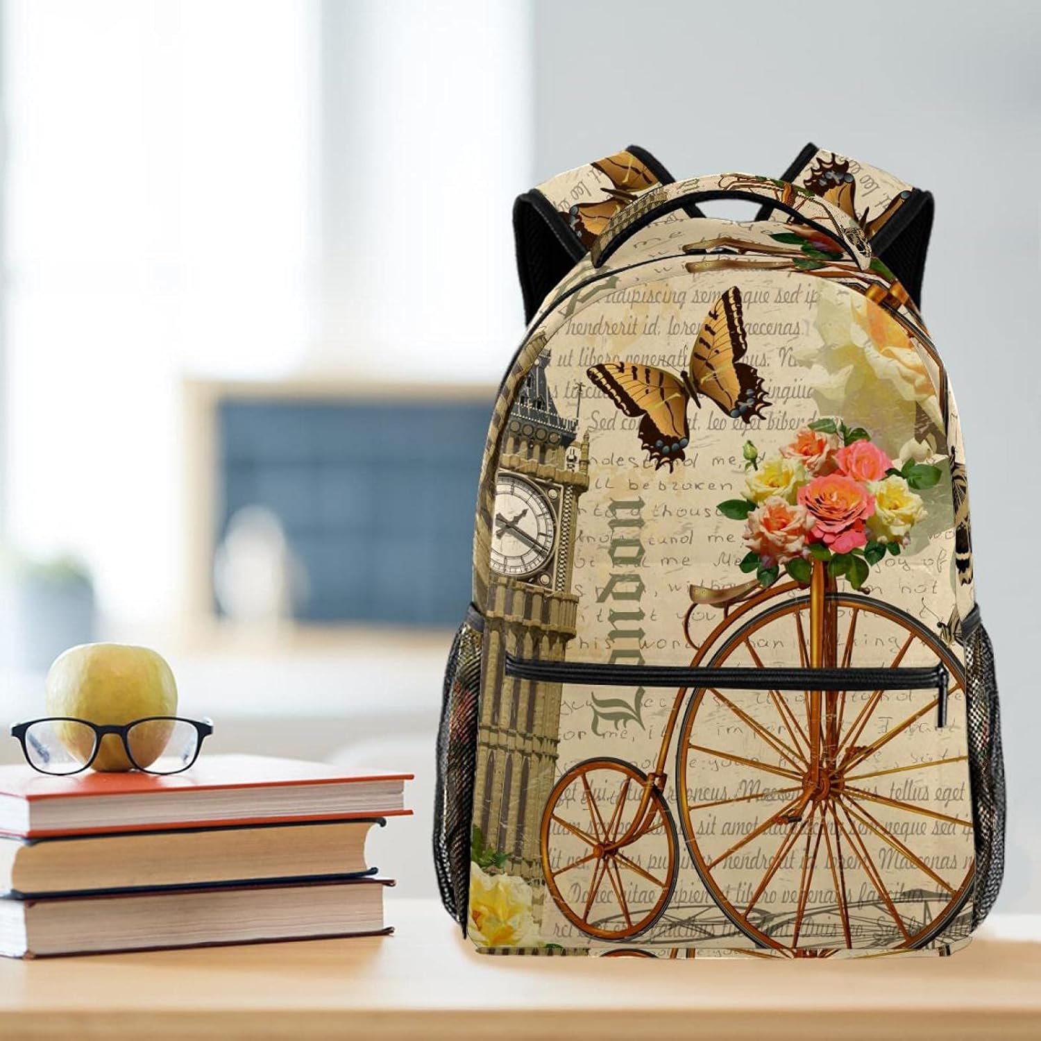 Vintage Postcard London with Big Ben,Roses and Bicycle Backpack Students Shoulder Bags Travel Bag College School Tote Backpacks image number 2