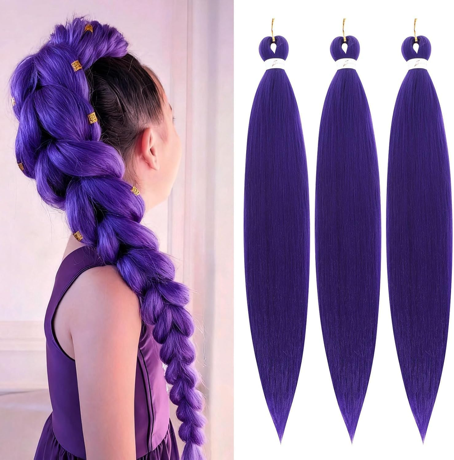 Purple Braiding Hair Extensions for Braids .24 Inch Pre Stretched Hair Long Straight Crochet Braids Yaki Texture Synthetic Fiber 2 Packs (Dark Purple) image number 1
