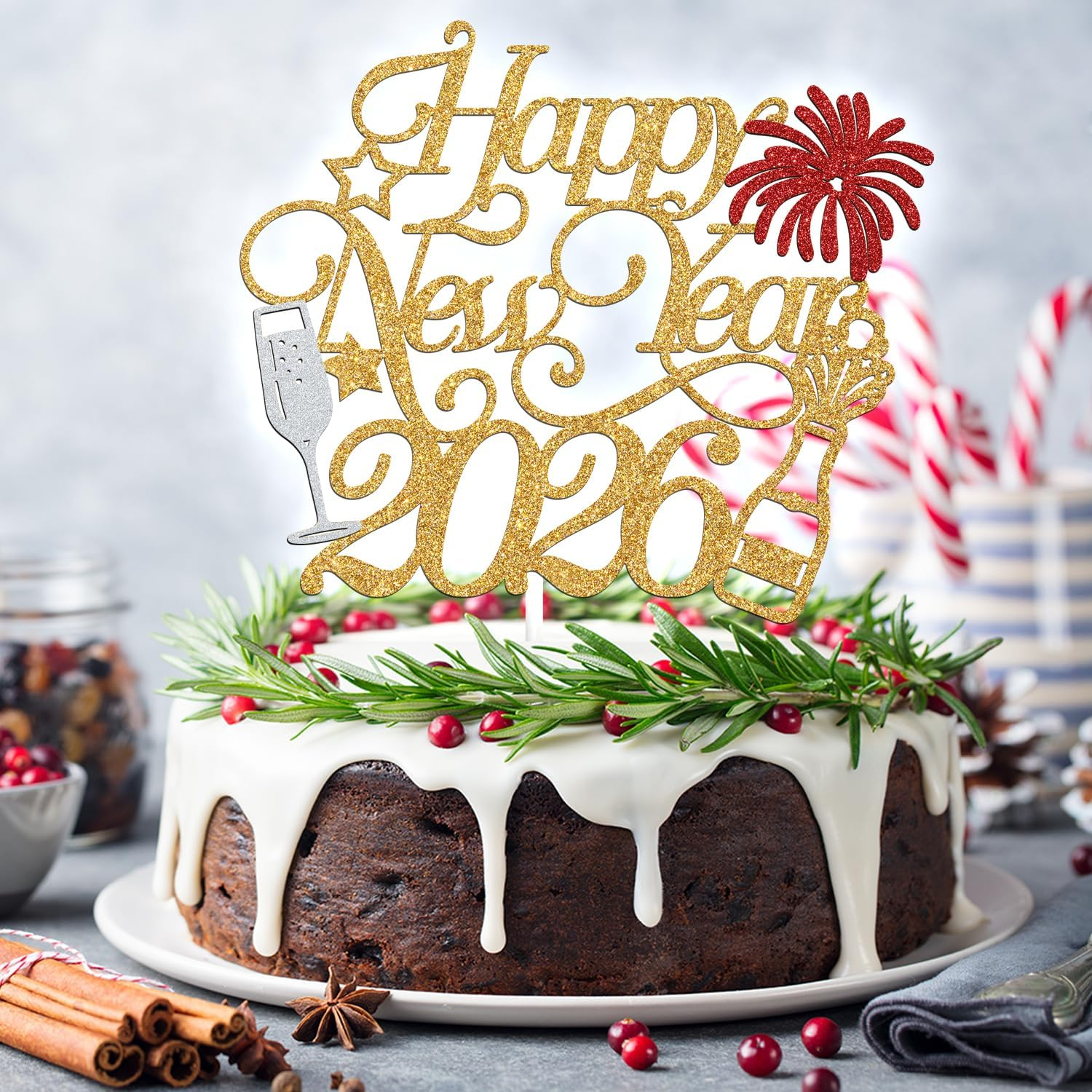 Happy New Year 2025 Cake Topper,Welcome 2025/Cheers to 2025, Happy New Year Night Holiday Party Decorations Supplies, Red and Gold Glitter image number 4