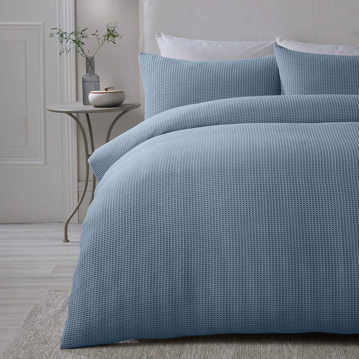 Serene - Blue Waffle Duvet Cover - King Size (230 X 220 Cm) - Soft Luxury Bedding - Lattice Textured Square Pucker Cover - Lindly Collection