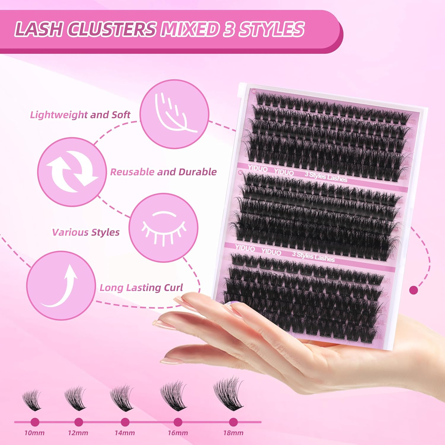 YIDUO Lashes Clusters Kit False Eyelashes Extensions Fluffy D Curl Wispy Individuals Fake Eyelashes, Volume Studio Effect, 255Pcs All-In-1 Pack with Glue |Tweezers |Removers |Eyelash & Eyebrow Brush image number 3
